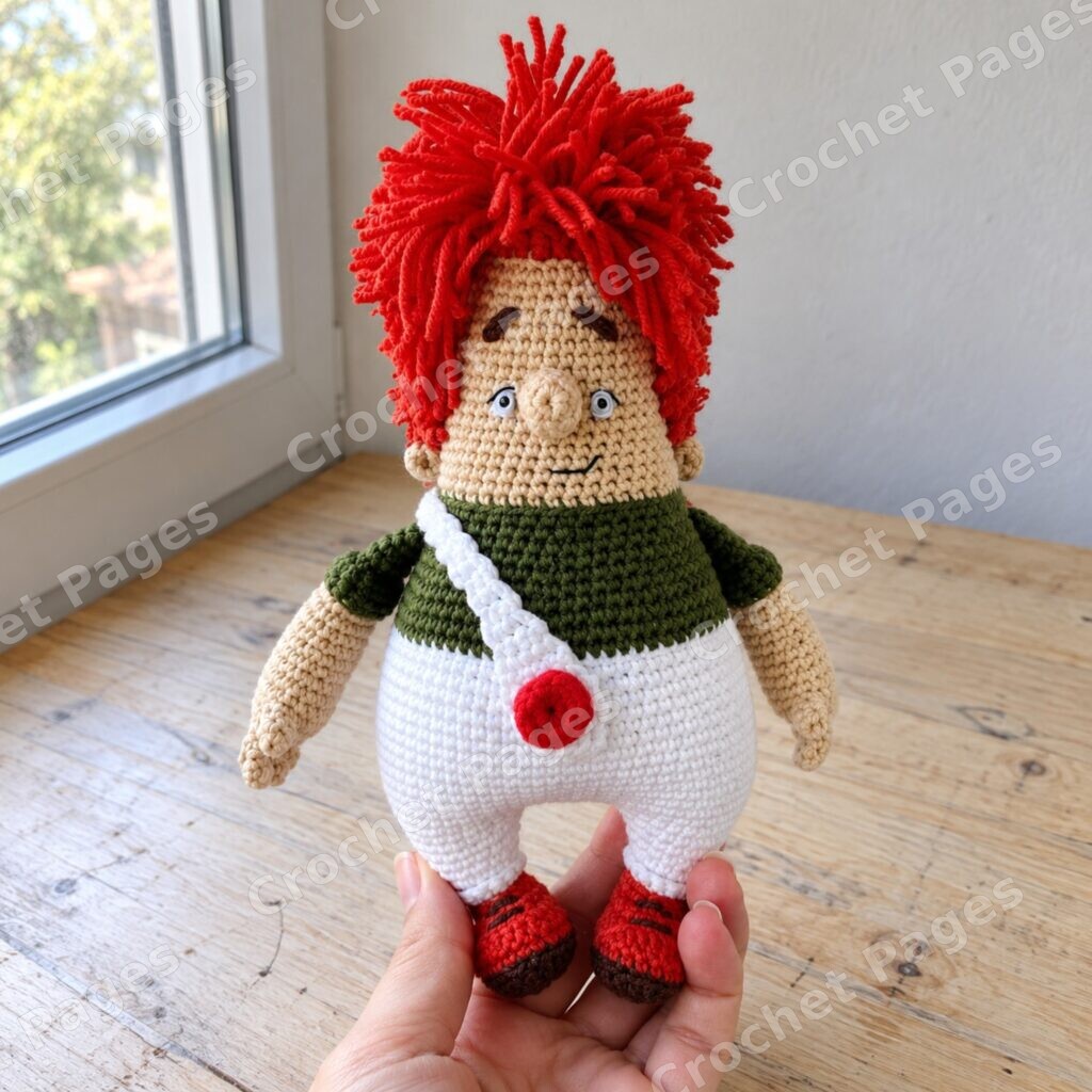 Red-haired doll crochet sample with propeller and jam jar, main image