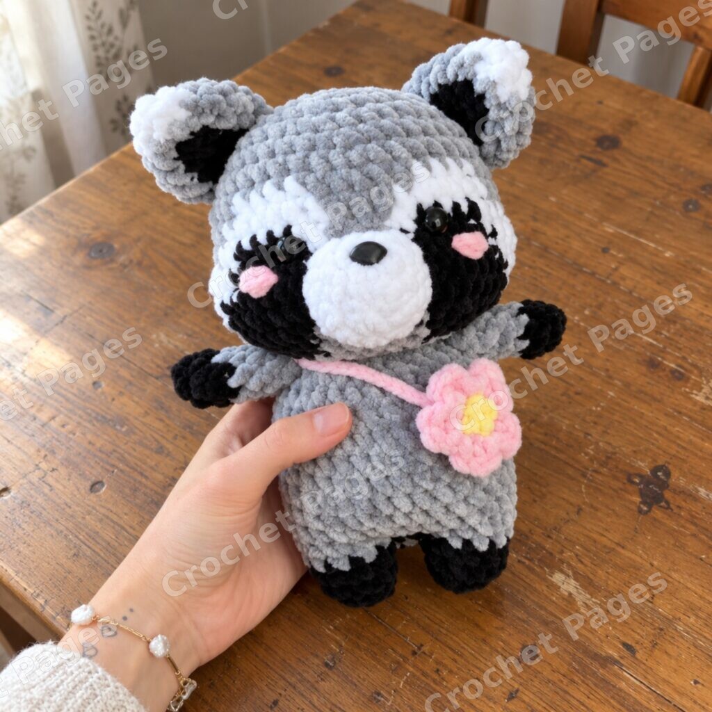 Crocheted raccoon with flower, main image
