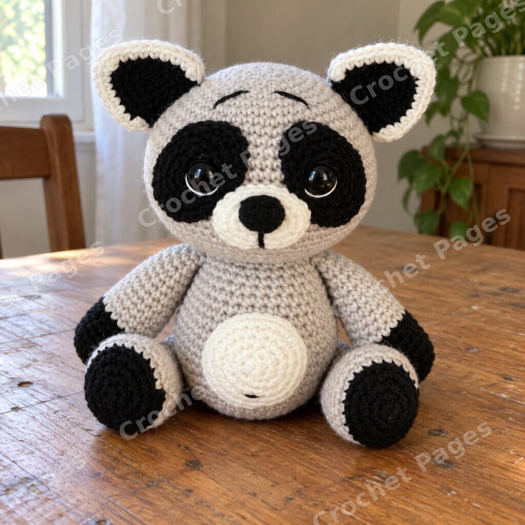 Seated raccoon crochet sample with striped tail, main image
