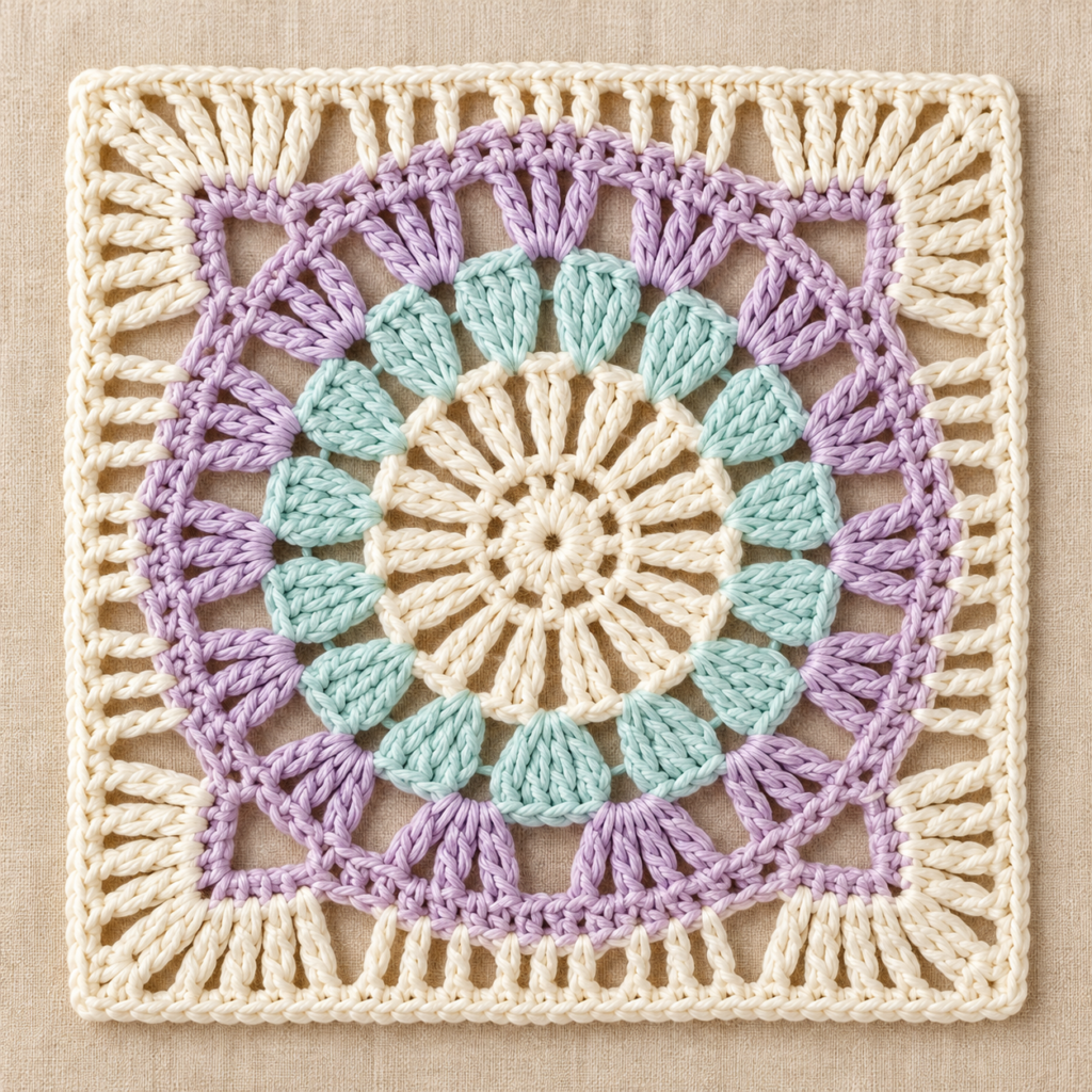 Ring of Eight Fans Square Crochet Chart - finished crochet preview