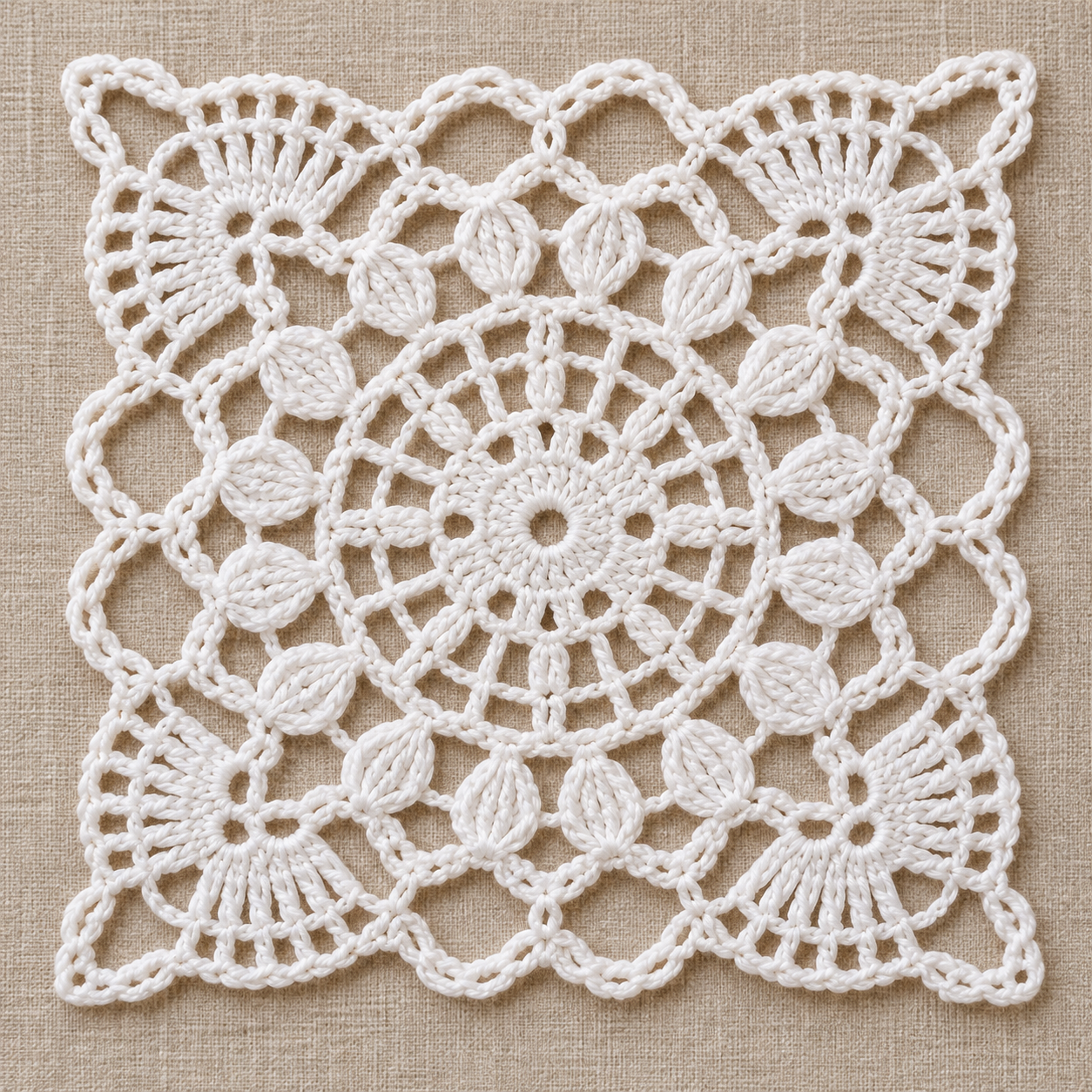 Round Center and Four Fan Square Crochet Chart - finished crochet preview