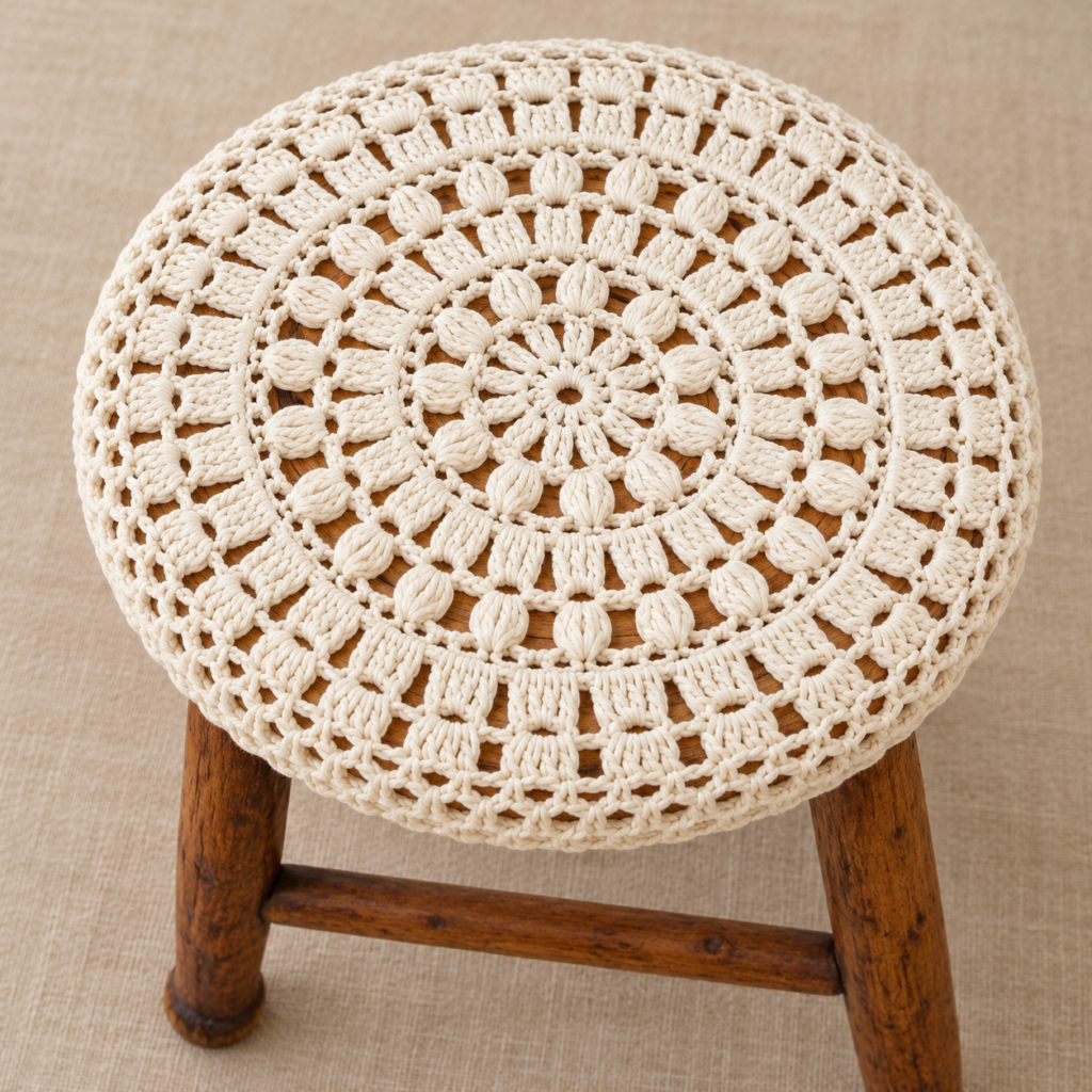 Puff and Mesh Round Stool Cover Crochet Chart - finished crochet preview
