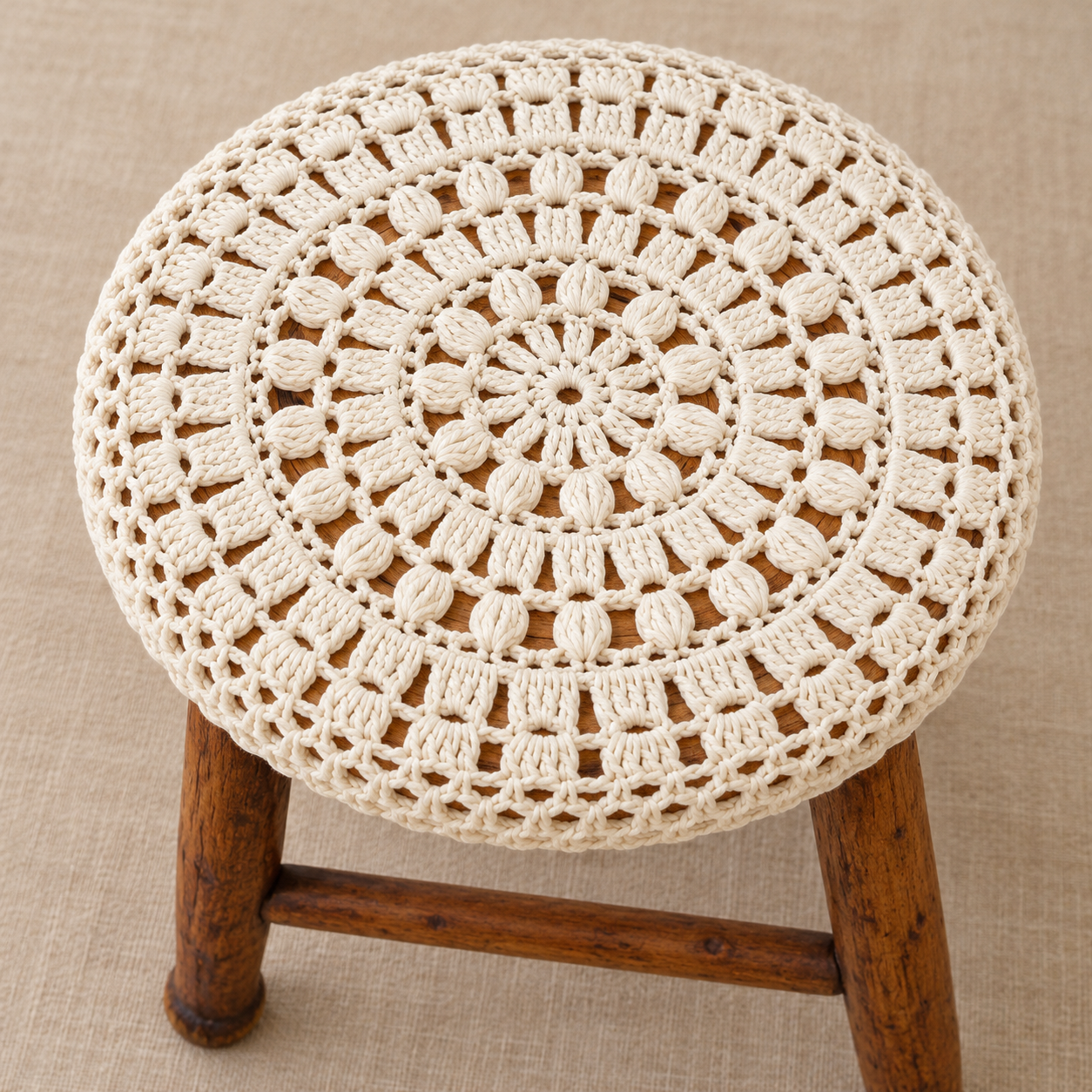 Puff and Mesh Round Stool Cover Crochet Chart - finished crochet preview