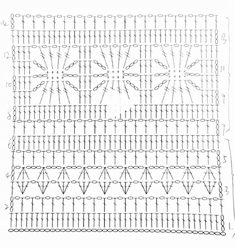 Fourteen-Row Flower and Mesh Bands Crochet Chart — English PDF