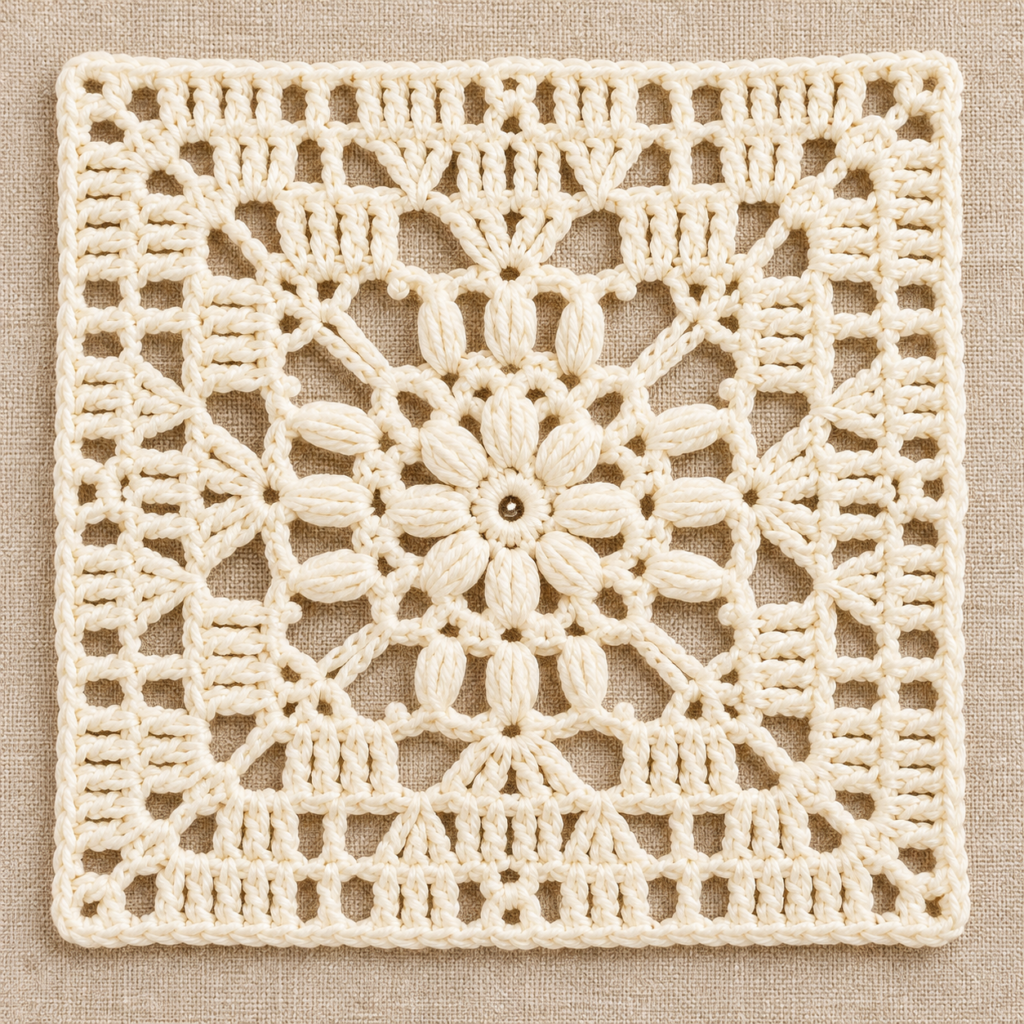 Puff Ring and Granny Corners Crochet Square Chart - finished crochet preview