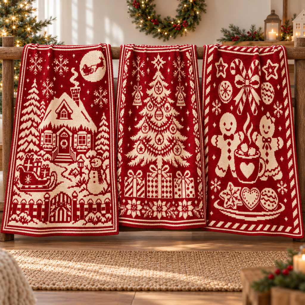 Christmas Wonderland Crochet Pattern Bundle, 3 Overlay Mosaic Blanket PDFs, Cottage Tree Gingerbread - finished crochet preview