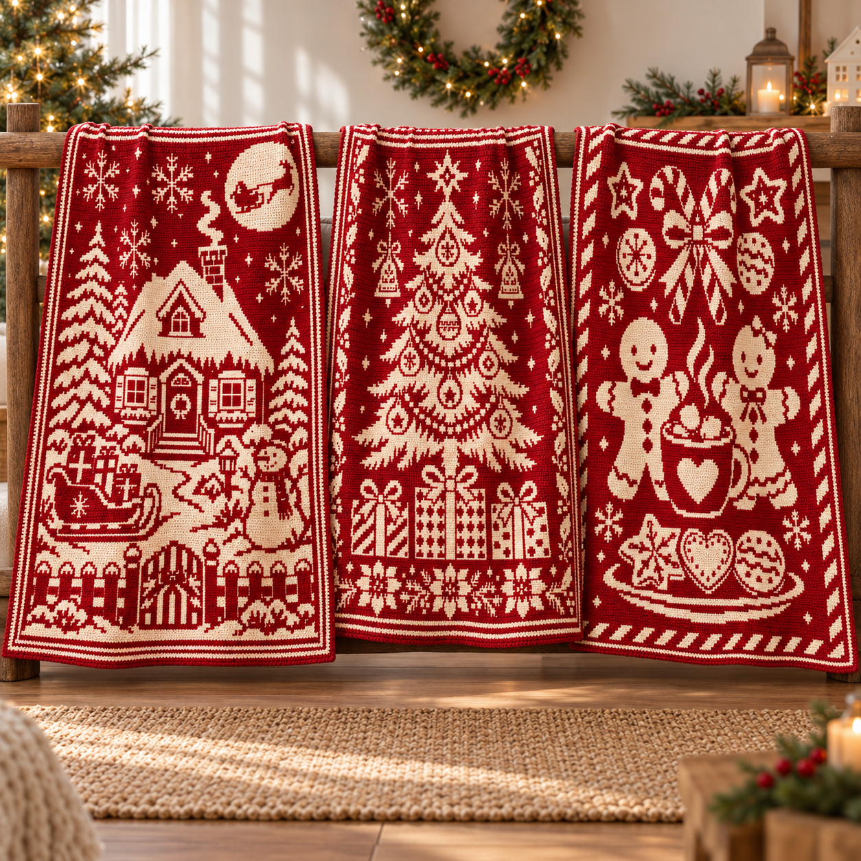 Christmas Wonderland Crochet Pattern Bundle, 3 Overlay Mosaic Blanket PDFs, Cottage Tree Gingerbread - finished crochet preview