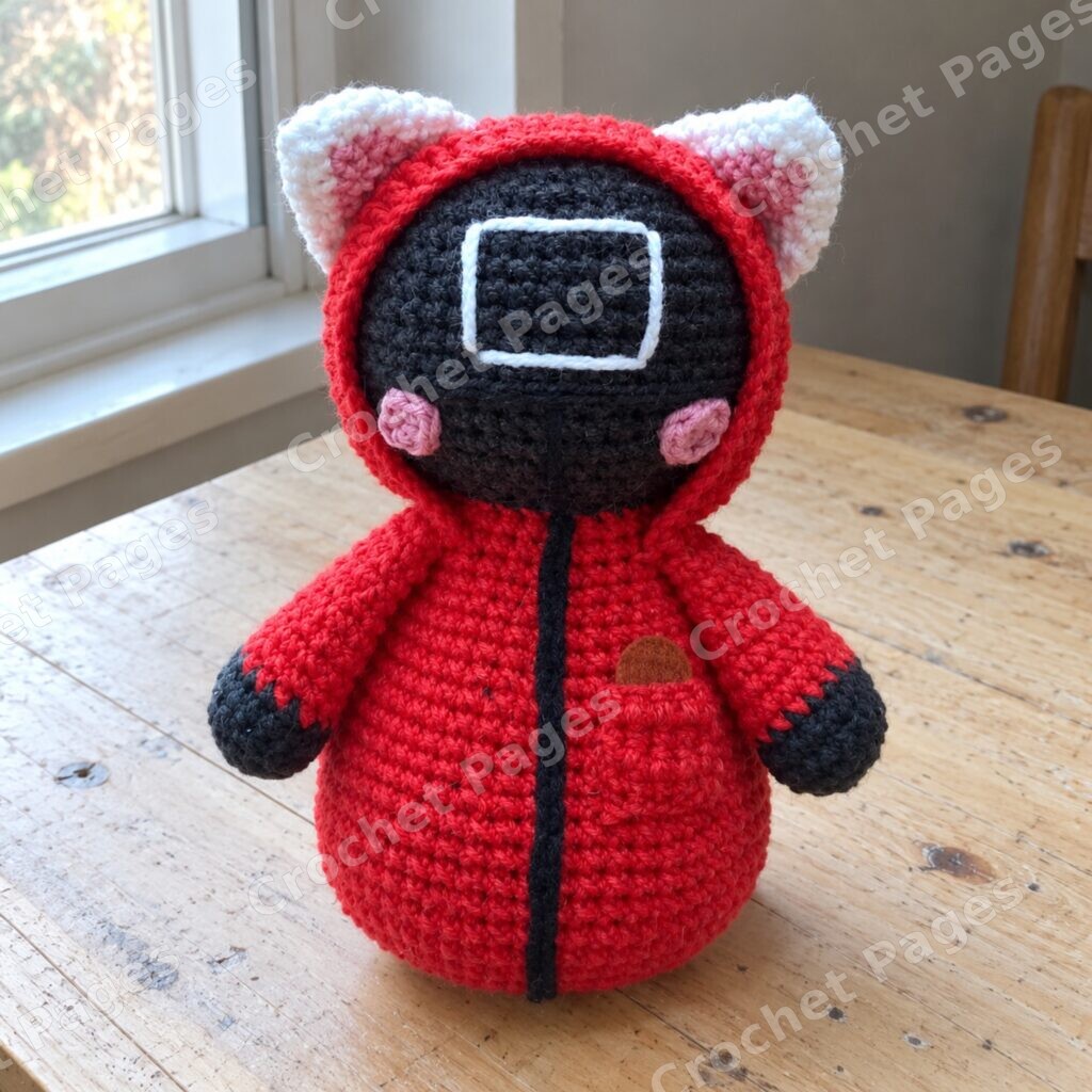 Red hooded crochet cat guard