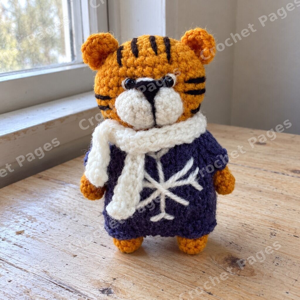 Tiny crocheted tiger wearing purple knitted overalls and a white scarf