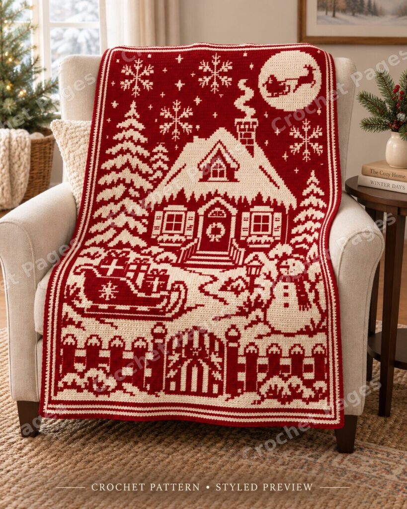 Snowy Cottage Christmas overlay mosaic crochet blanket, cranberry and cream, styled room preview.