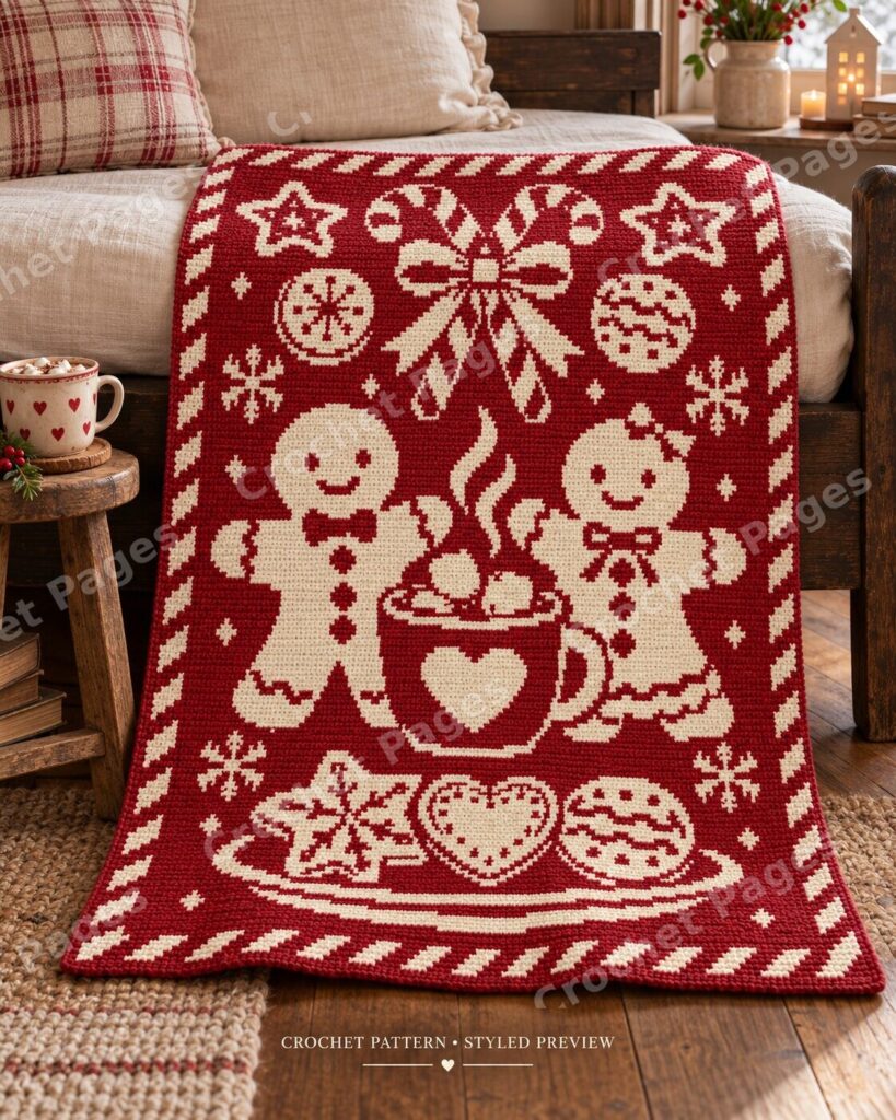 Gingerbread and Cocoa Christmas overlay mosaic crochet blanket, cranberry and cream, styled room preview.