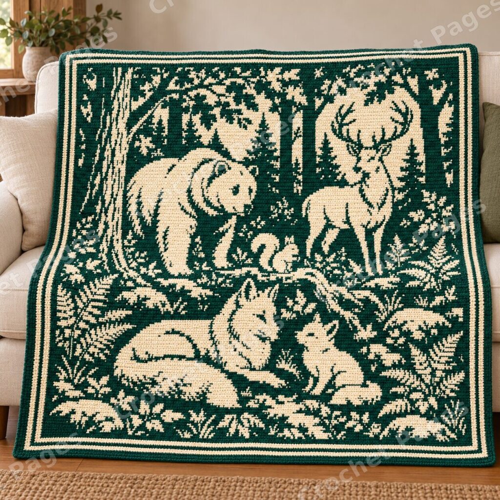 Woodland Wildlife crochet project mockup, woodland sofa