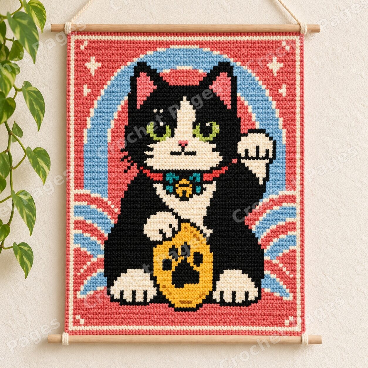 Lucky Cats - 4 Pattern Bundle crochet project mockup, tuxedo wall