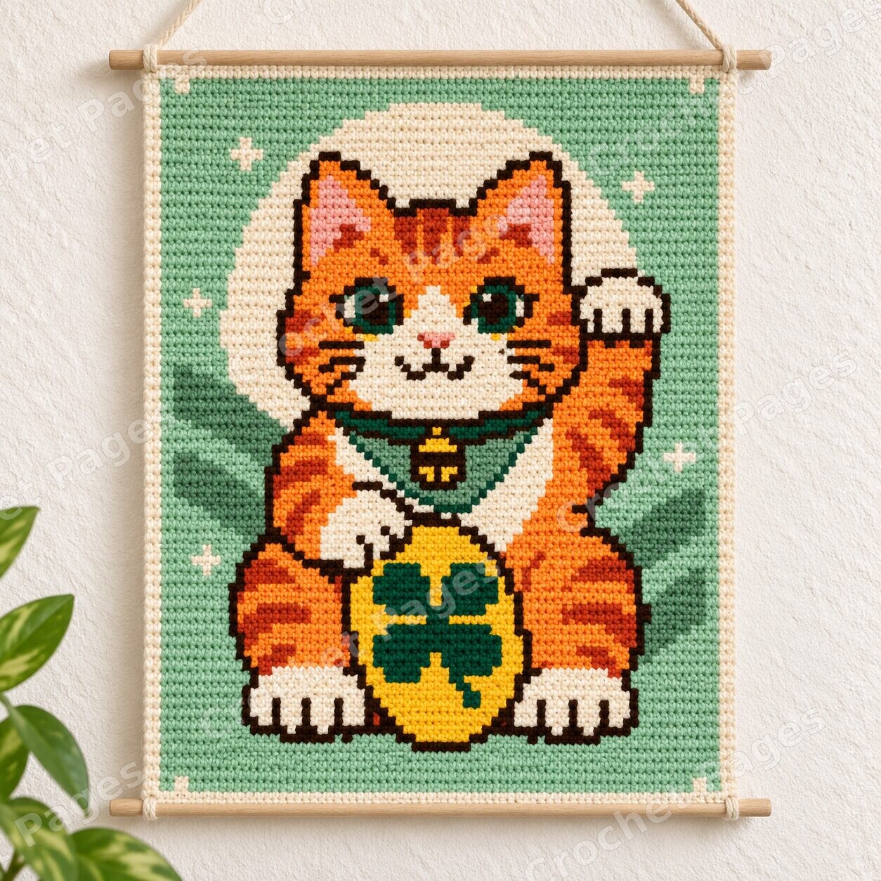 Lucky Cats - 4 Pattern Bundle crochet project mockup, ginger wall