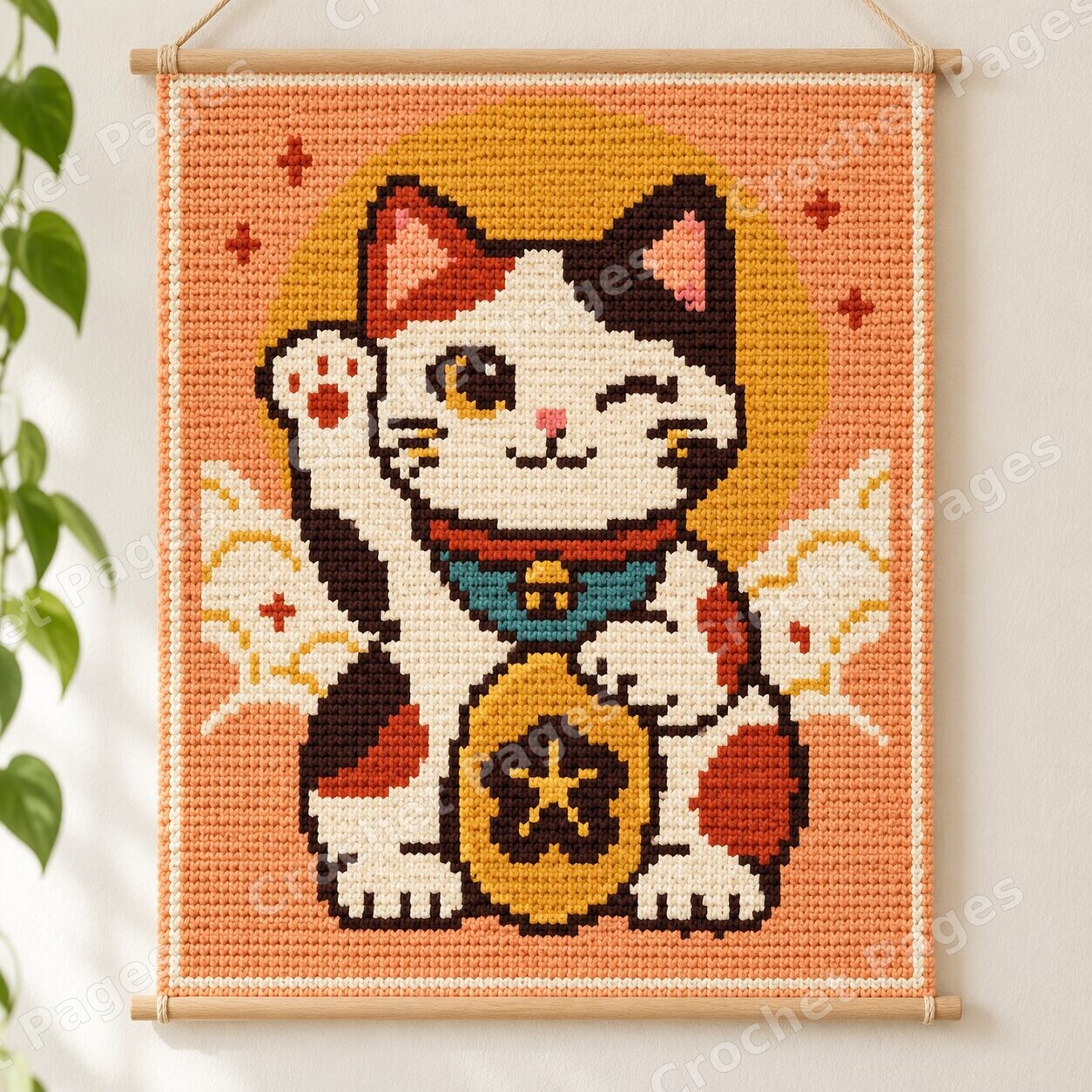 Lucky Cats - 4 Pattern Bundle crochet project mockup, calico wall
