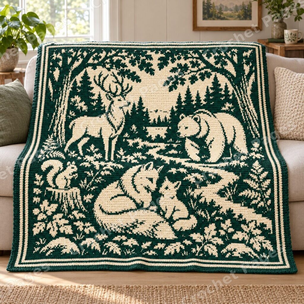 Peaceful Forest and Fox Family crochet project mockup, peaceful forest sofa