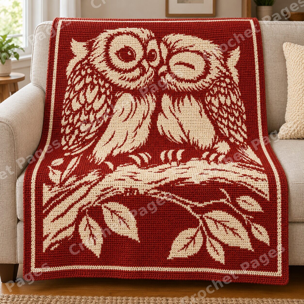 Owl Companions crochet project mockup, owls sofa