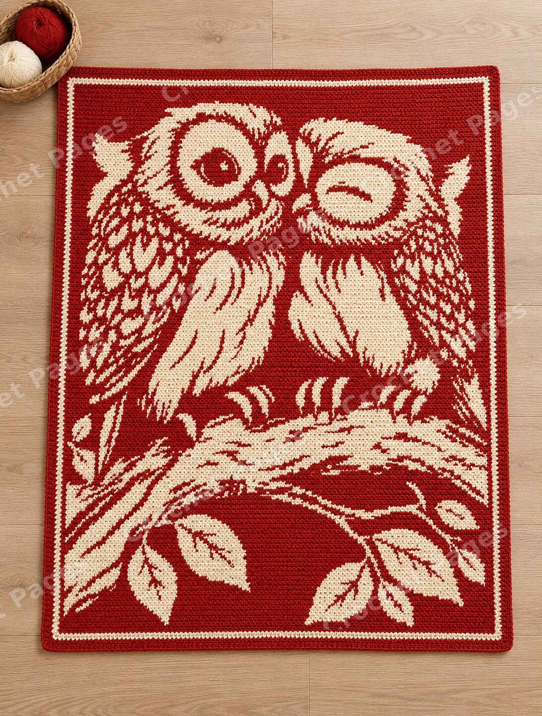 Owl Companions crochet project mockup, owls flatlay