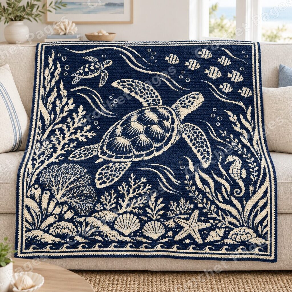 Ocean Garden Sea Turtles crochet project mockup, ocean sofa