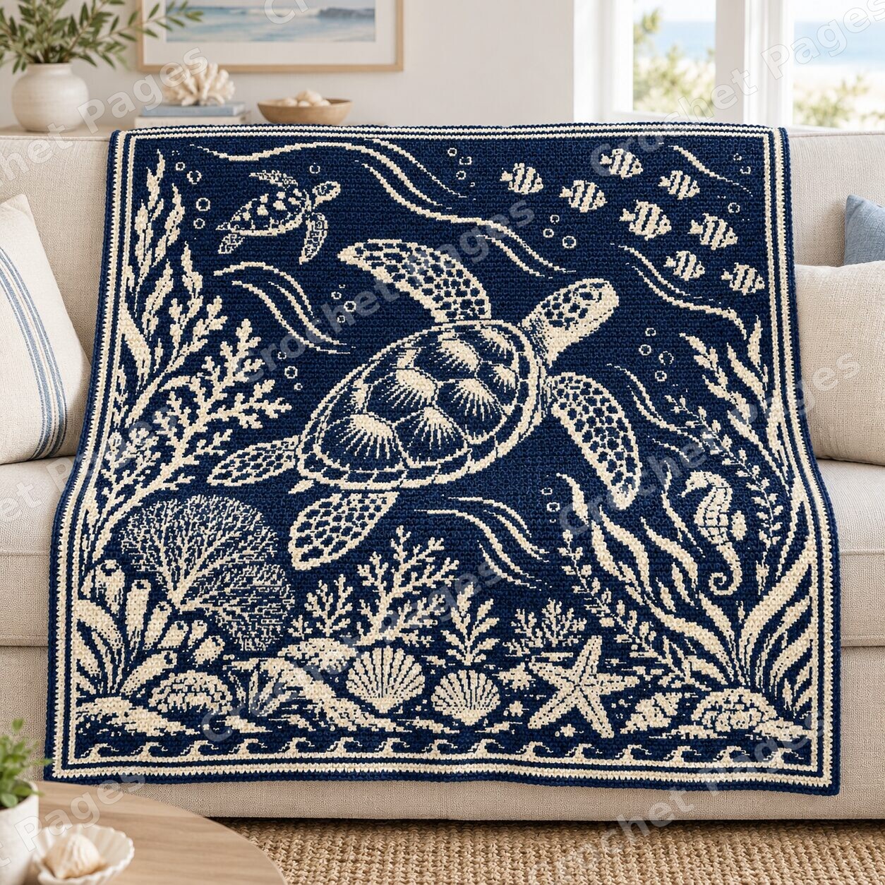 Ocean Garden Sea Turtles crochet project mockup, ocean sofa