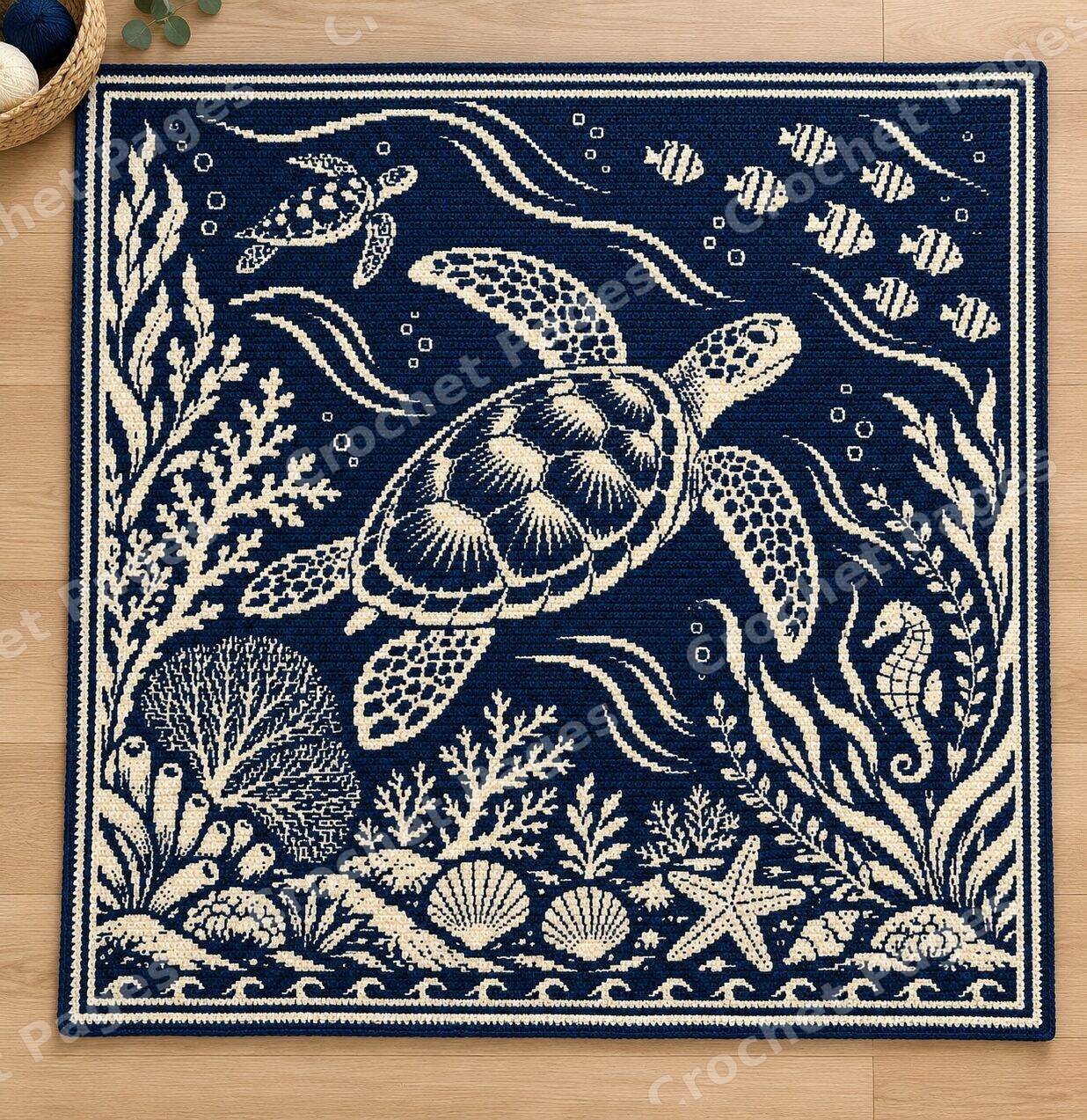 Ocean Garden Sea Turtles crochet project mockup, ocean flatlay