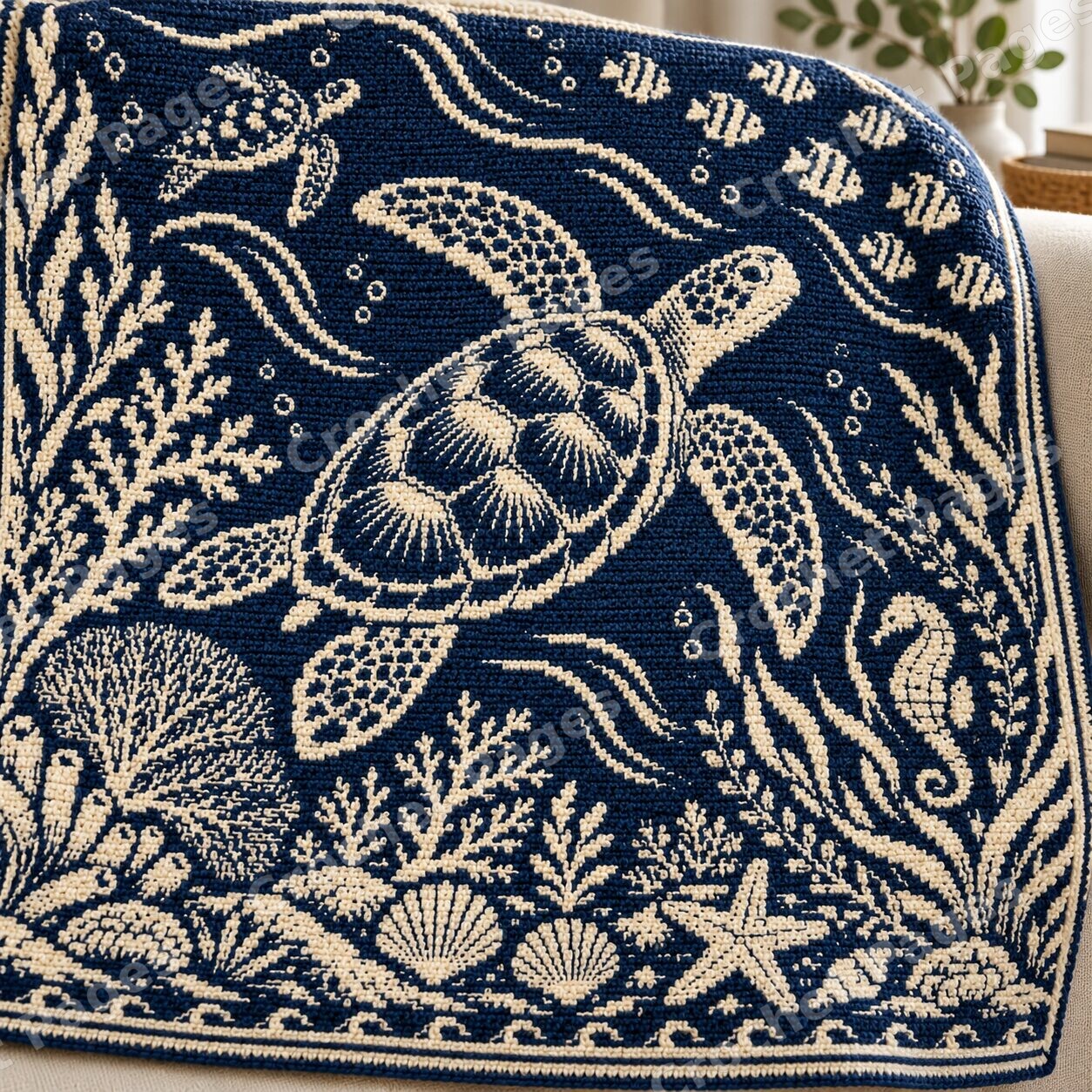 Ocean Garden Sea Turtles crochet project mockup, ocean detail