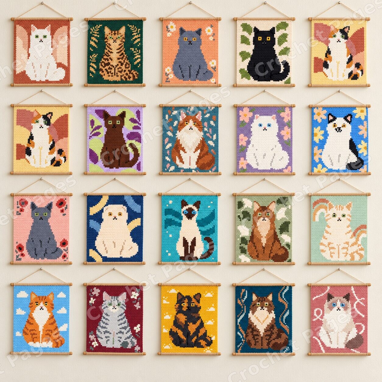 Mockup of all 20 cat tapestry crochet wall hangings mounted on wooden dowels, arranged in a colorful gallery.