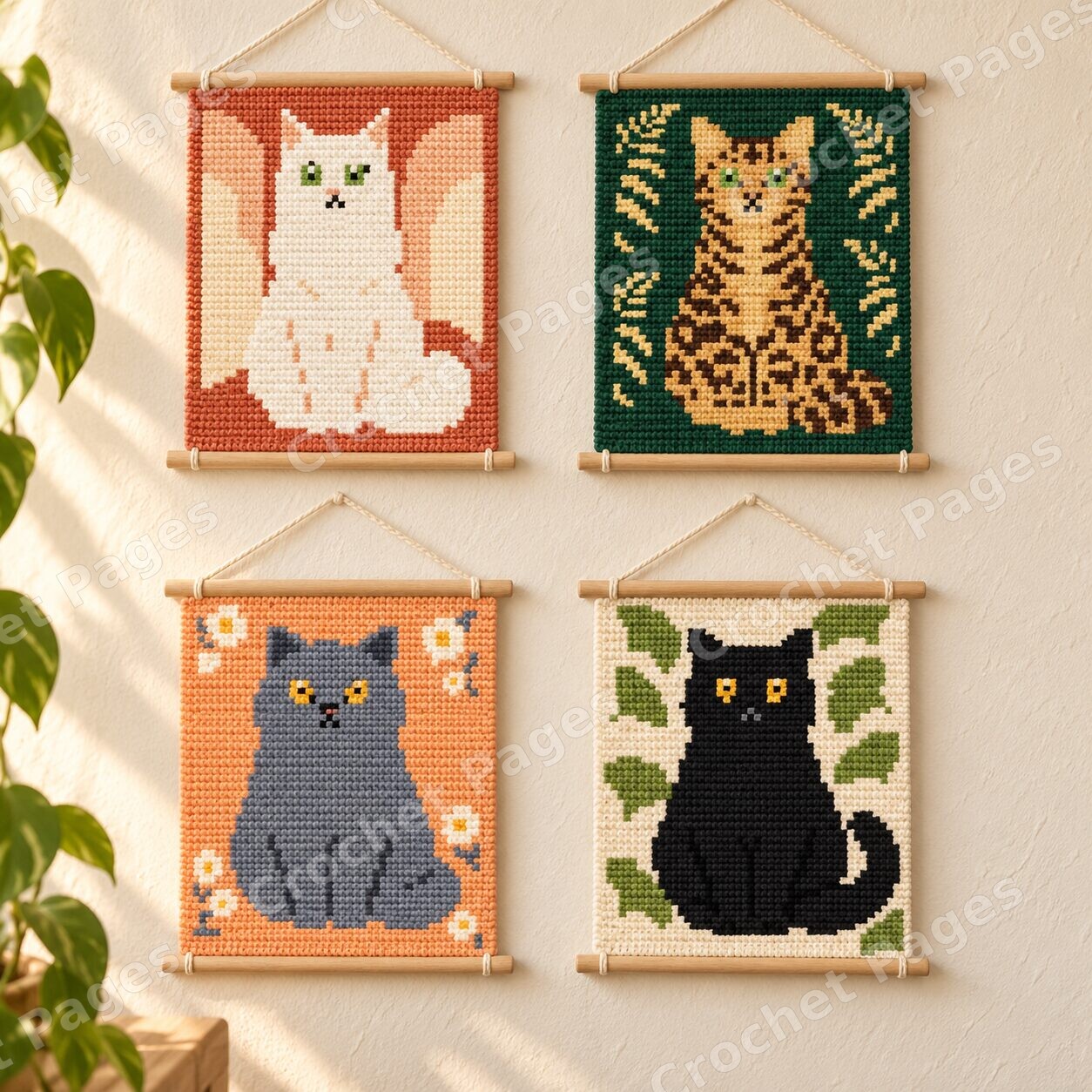 Mockup of cat crochet wall hanging designs 01 through 04, showing four cats and their individual colorful backgrounds.