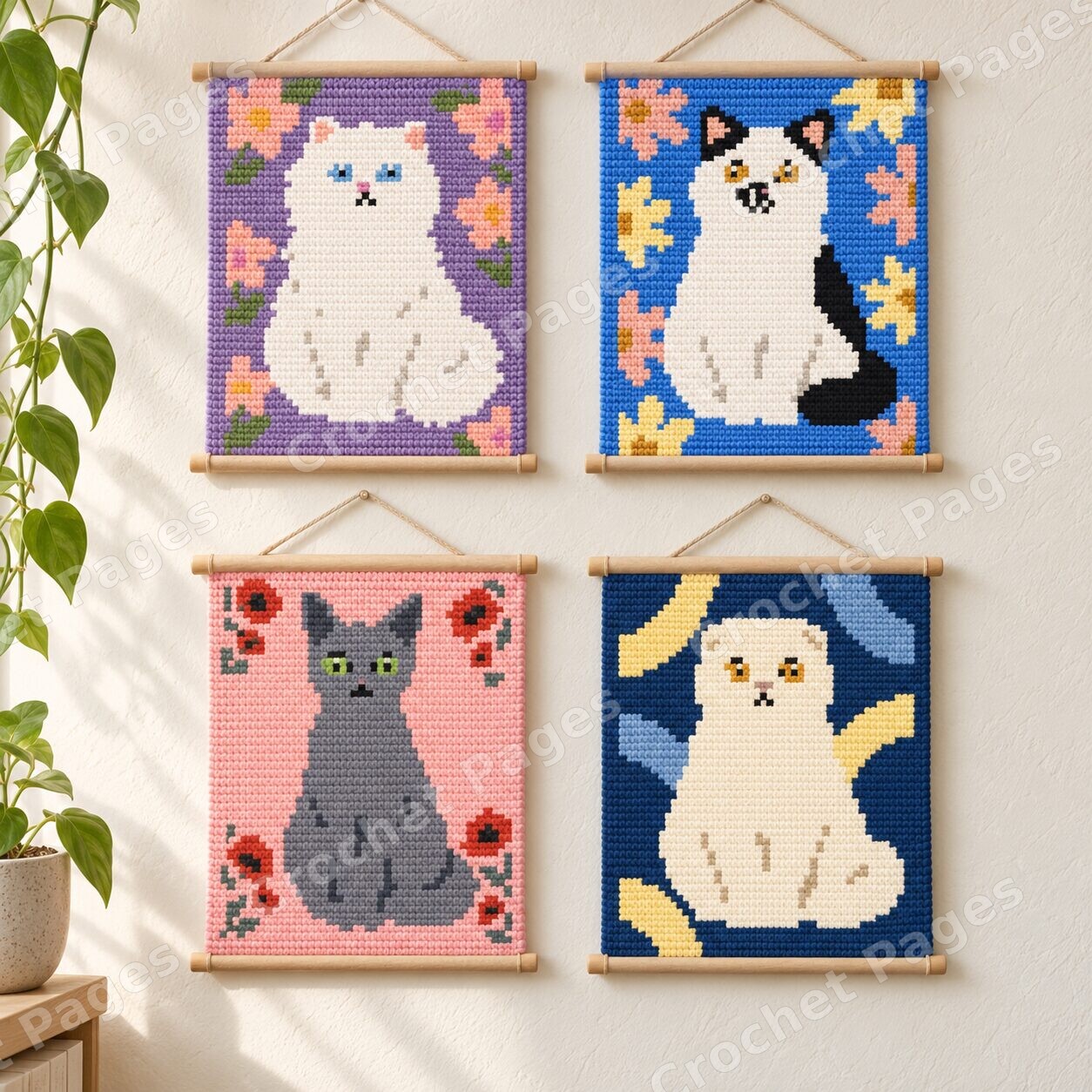 Mockup of cat crochet wall hanging designs 09 through 12, showing four cats and their individual colorful backgrounds.