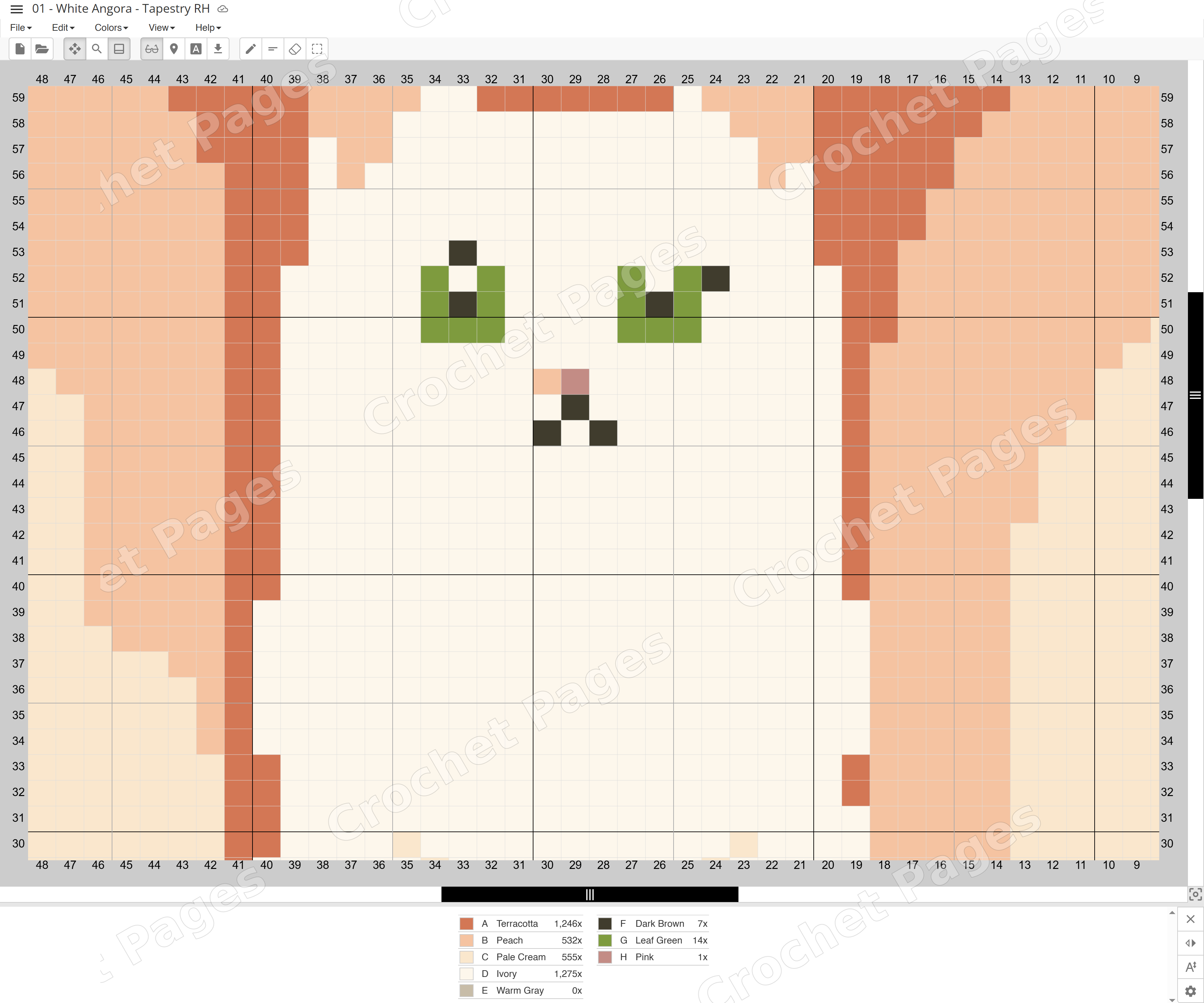 Actual Stitch Fiddle chart detail for The Cat Collection - 20 Patterns, zoomed to show individual stitch squares, row and column numbers, and the color legend. Only part of one included pattern is shown.