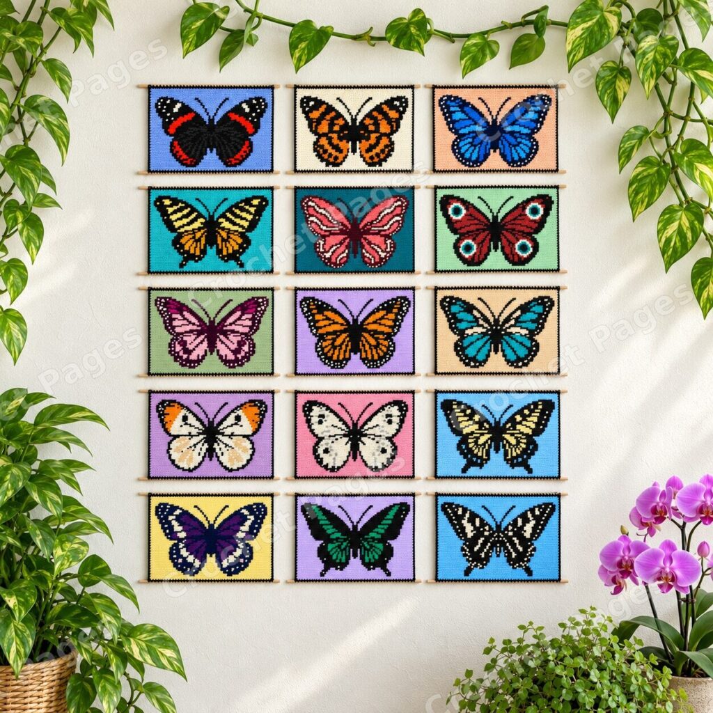 Mockup of all 15 butterfly tapestry crochet wall hangings on a white wall with wooden dowels, trailing greenery and orchids.