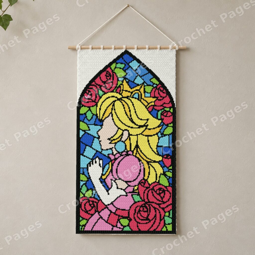 Mockup of a princess stained-glass tapestry crochet wall hanging on a wooden dowel, with a gold crown, pink dress, red roses and blue glass.