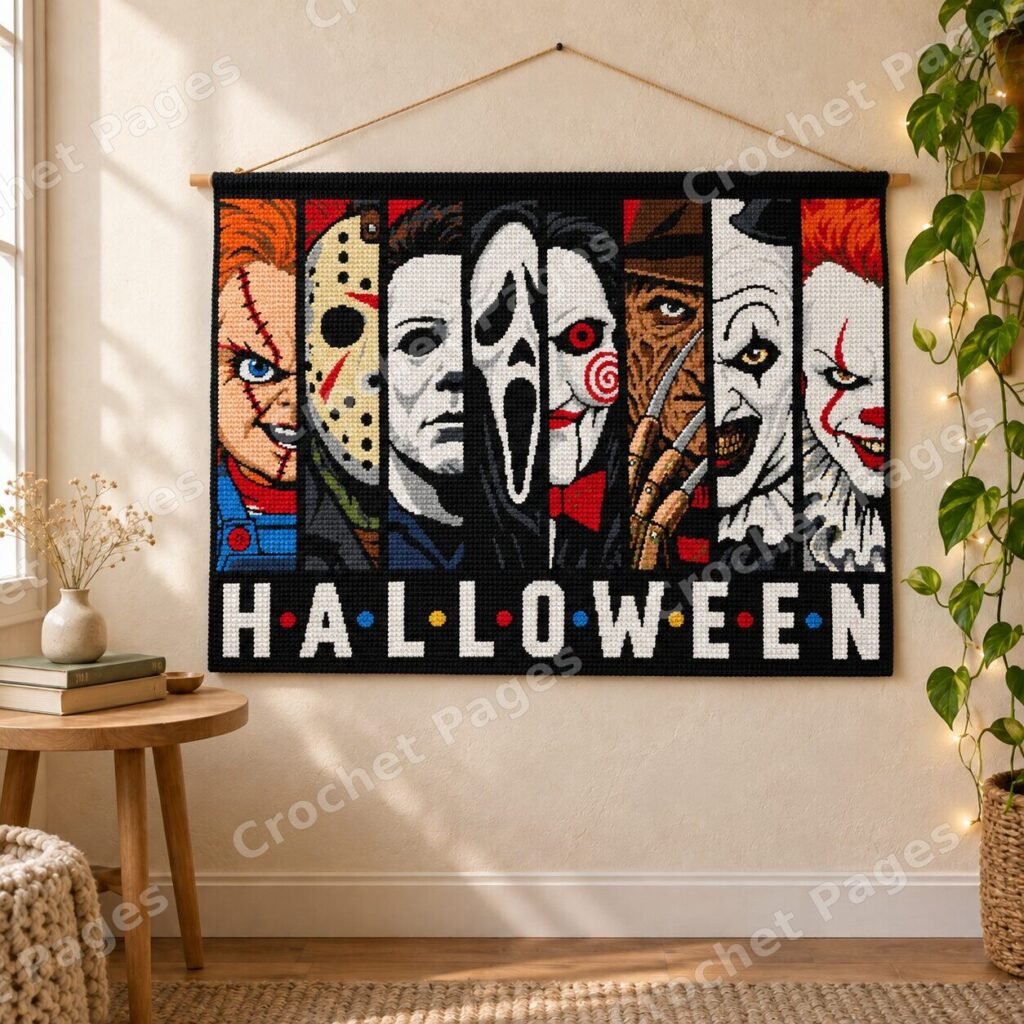 Halloween Eight Faces tapestry crochet wall hanging mockup, showing the complete rectangular design on a wooden dowel.