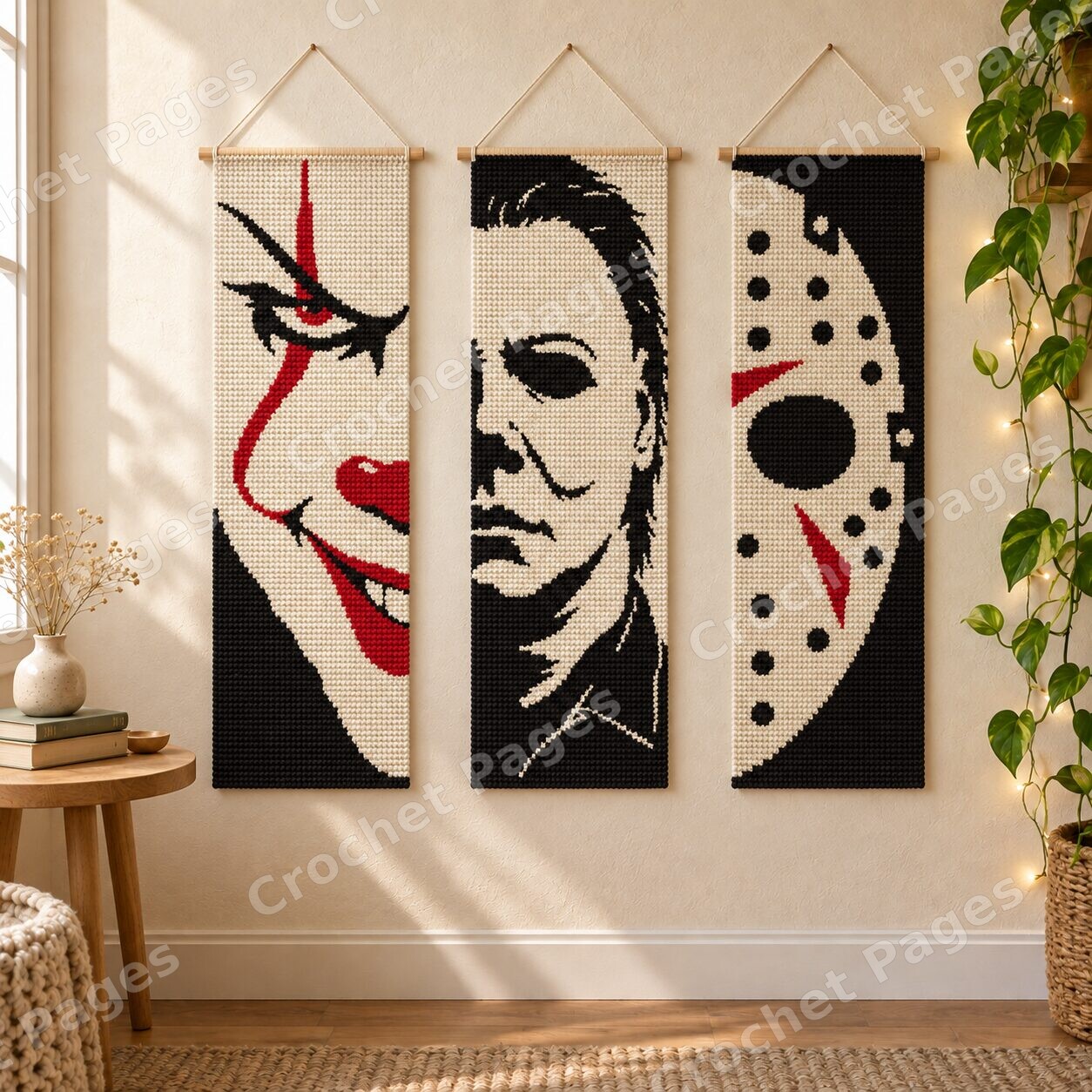 Mockup of three separate tall crochet wall hangings: a red and ivory clown face, monochrome mask and cream hockey mask, each on its own dowel.