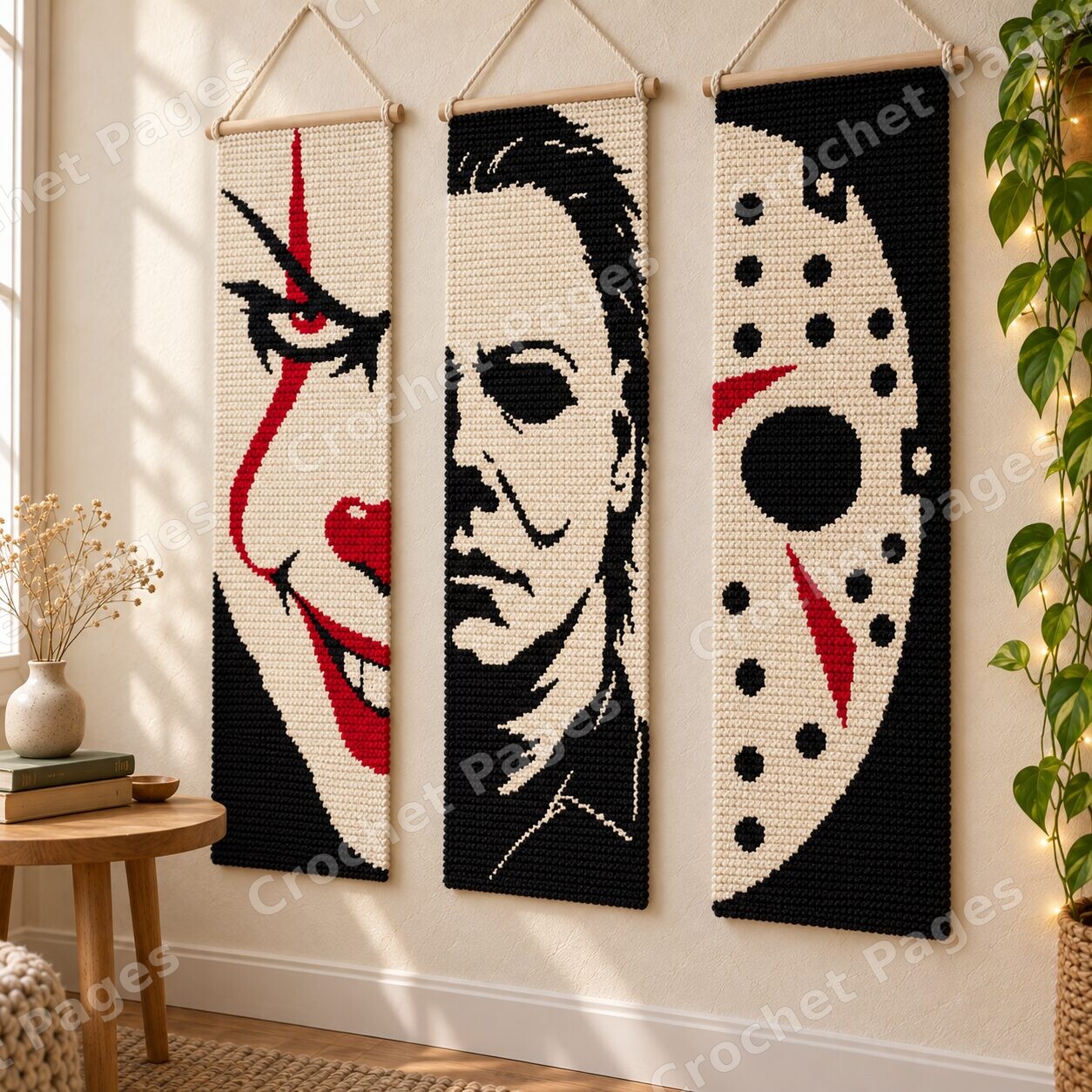 Angled close mockup of the three horror portrait tapestries, showing the faces and cotton crochet texture.
