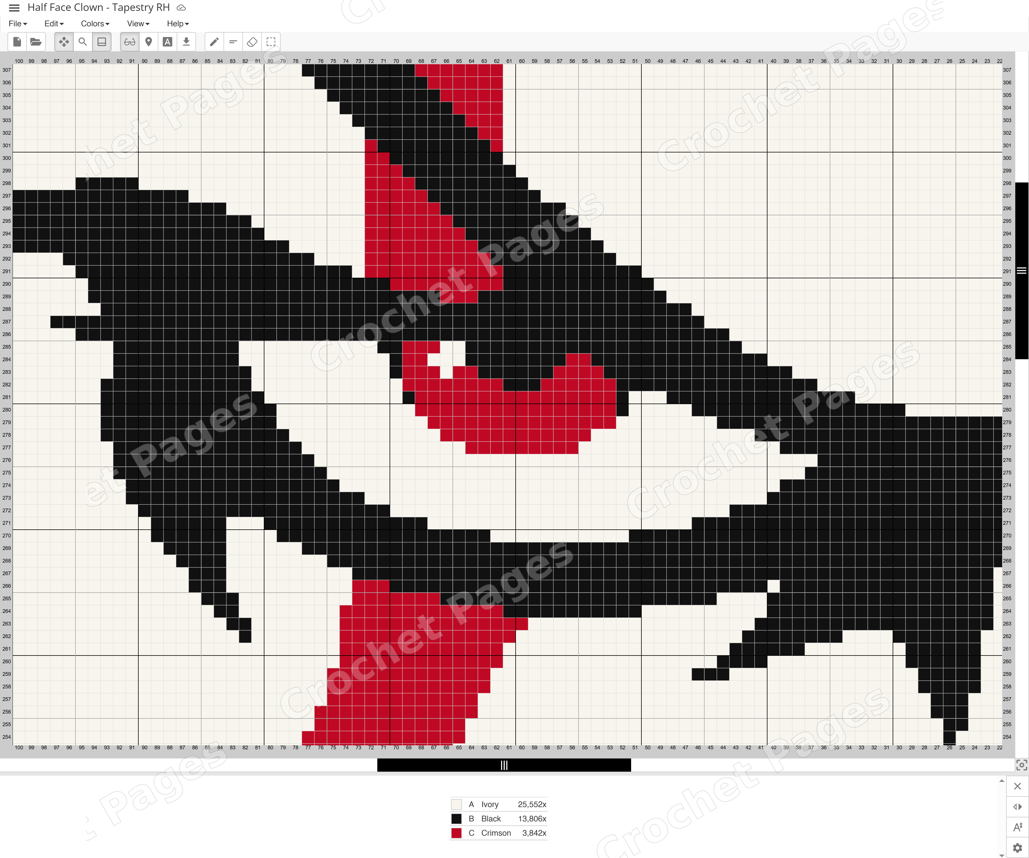 Actual Stitch Fiddle chart detail for Half Face Horror - 3 Pattern Bundle, zoomed to show individual stitch squares, row and column numbers, and the color legend. Only part of one included pattern is shown.