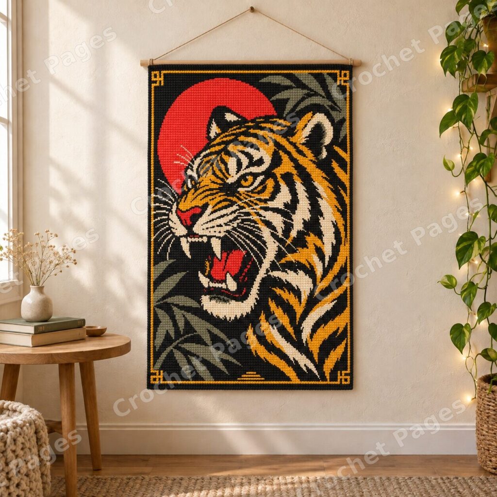 Red Sun Roaring Tiger tapestry crochet wall hanging mockup, showing the complete rectangular design on a wooden dowel.