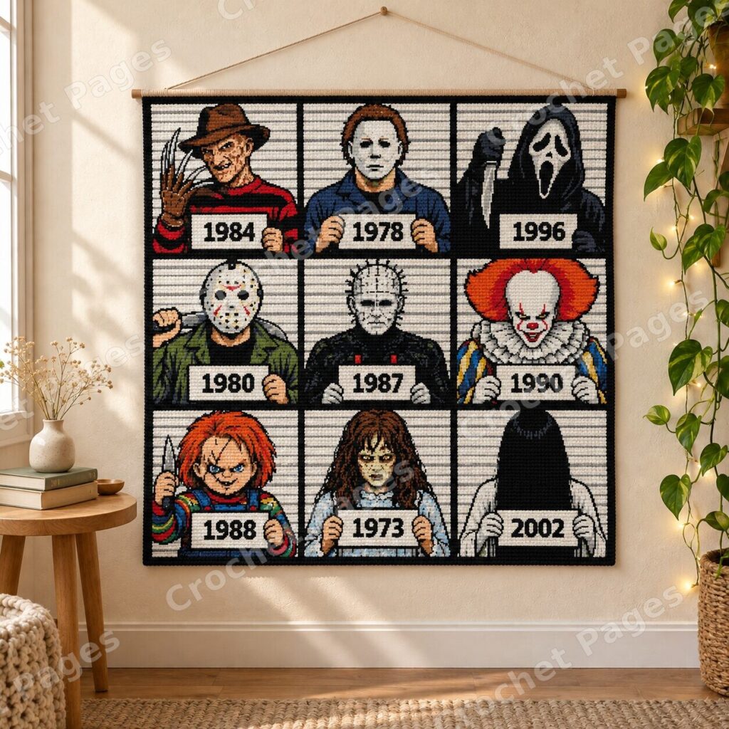 Classic Horror Mugshots tapestry crochet wall hanging mockup, showing the complete rectangular design on a wooden dowel.