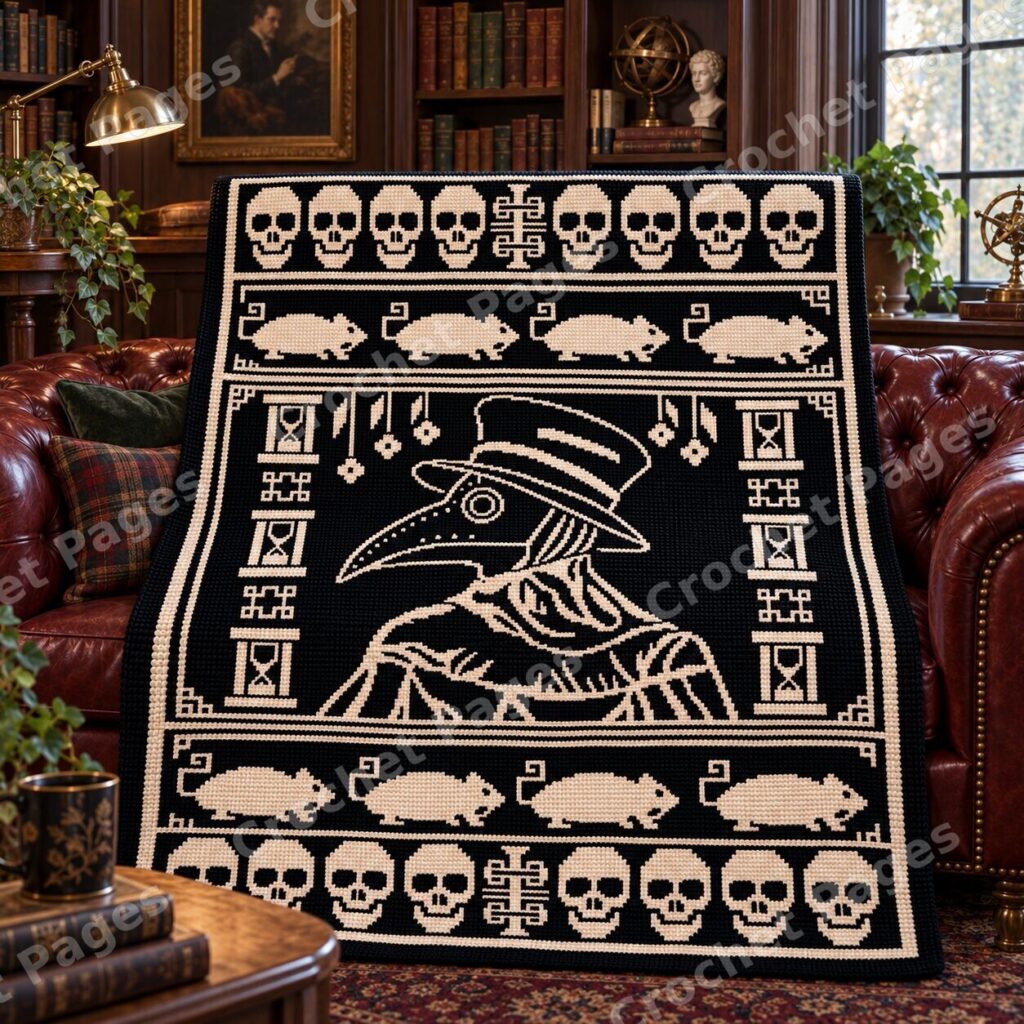 Plague Doctor Ornament crochet blanket mockup, showing the full colorwork design in a cozy room.