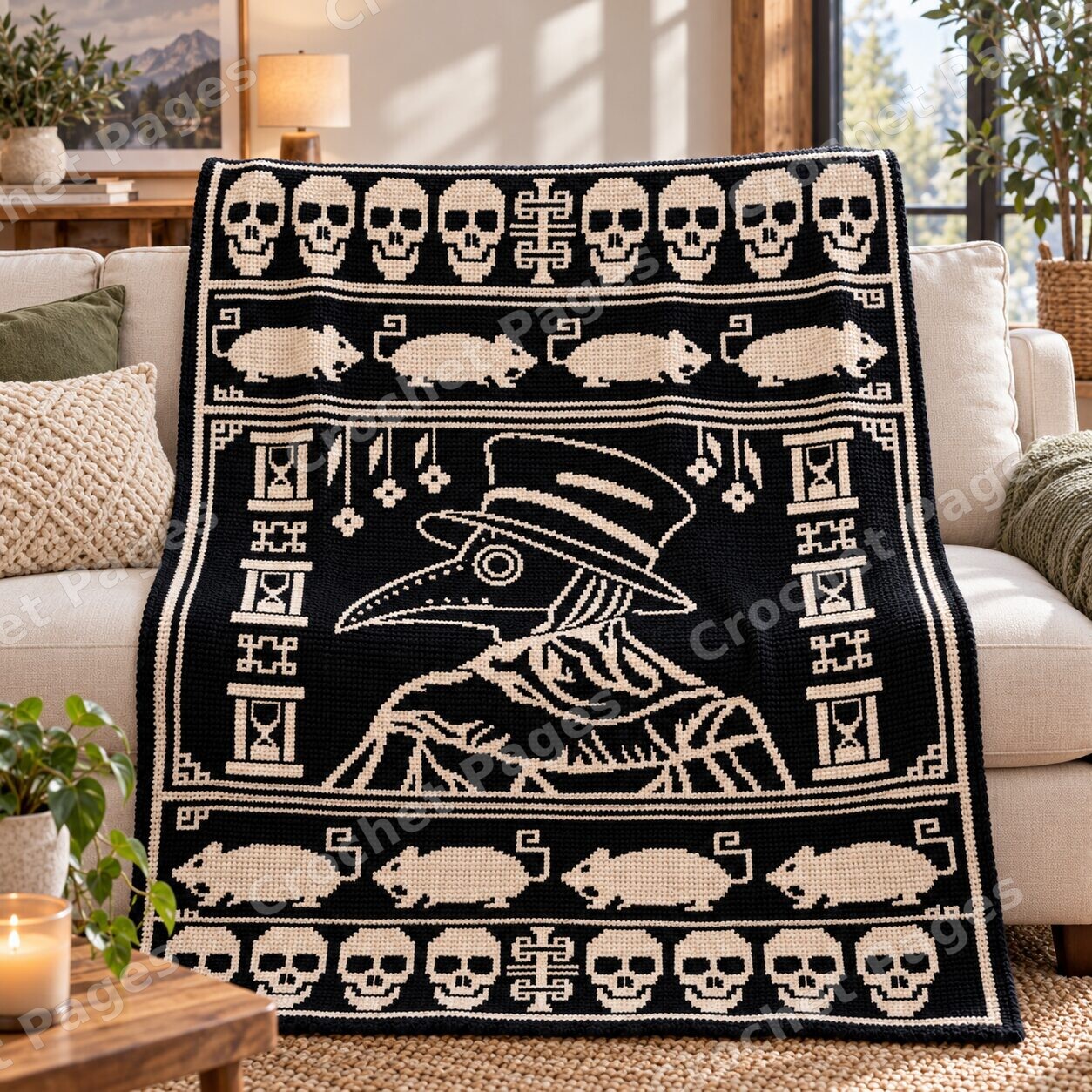 Plague Doctor Ornament crochet blanket room mockup with natural light and warm furnishings.