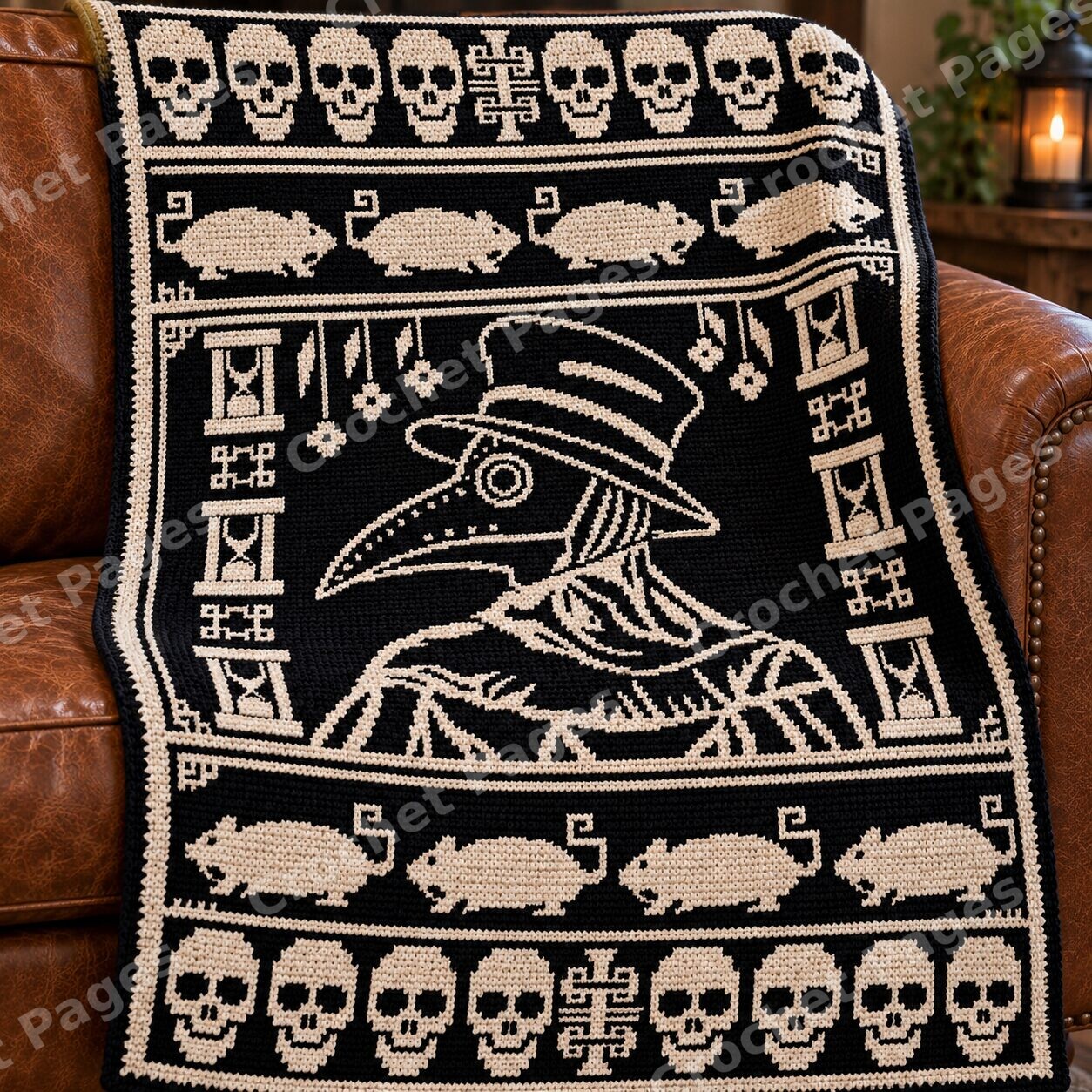 Angled detail mockup of Plague Doctor Ornament, showing the recognizable motifs and crochet yarn texture.