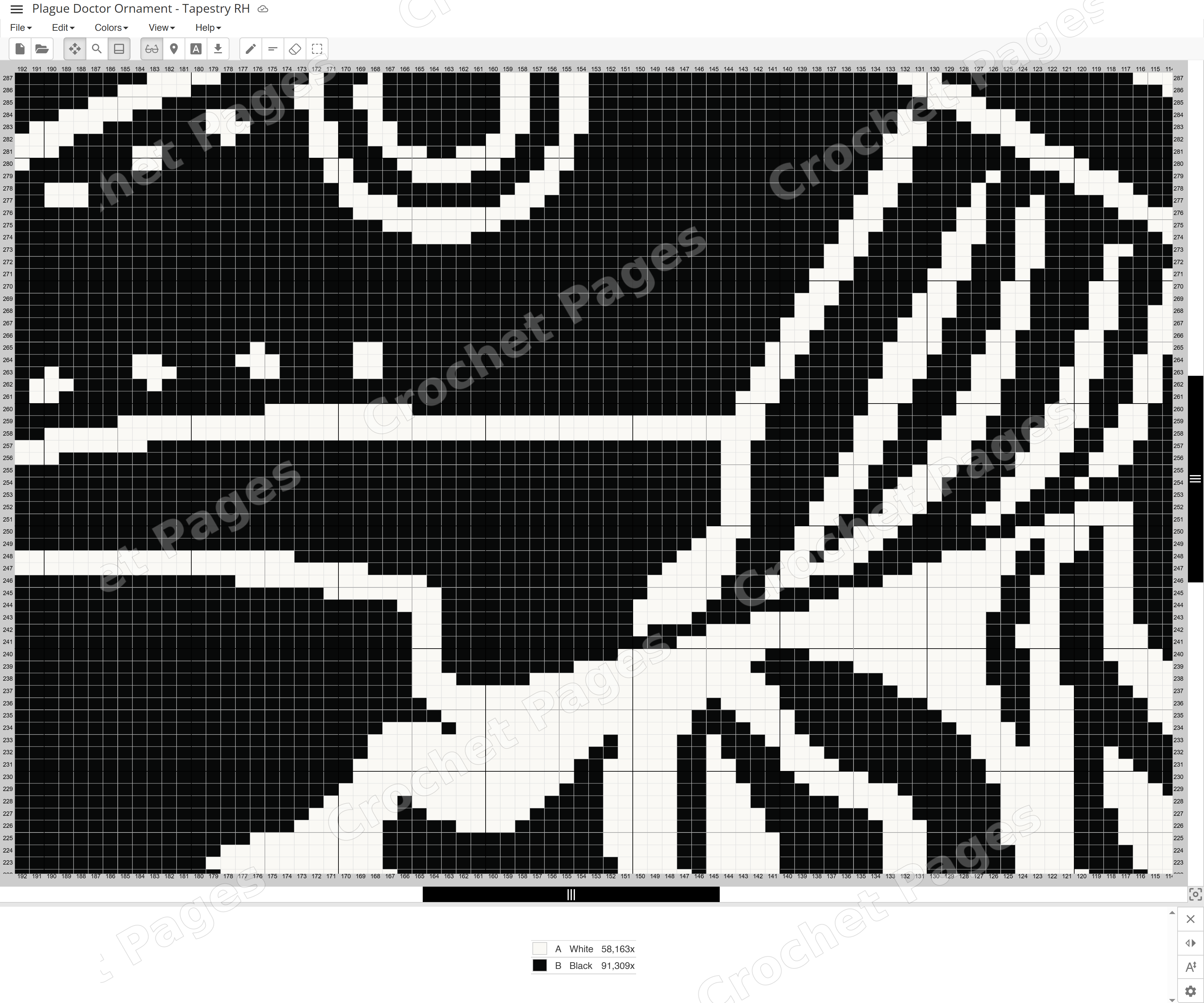 Actual Stitch Fiddle chart detail for Plague Doctor Ornament, zoomed to show individual stitch squares, row and column numbers, and the color legend. Only part of the pattern is shown.