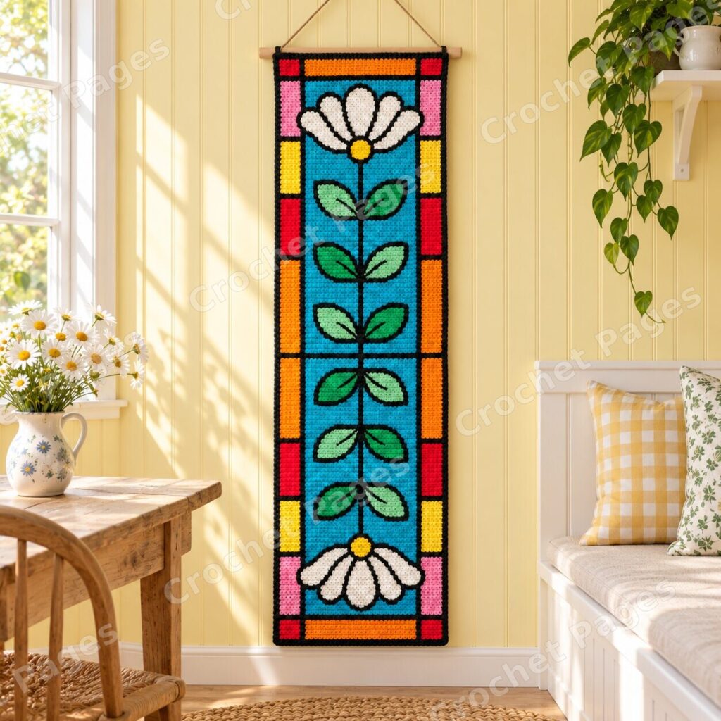 Daisy Stained Glass crochet wall hanging mockup, showing the full colorwork design in a cozy room.