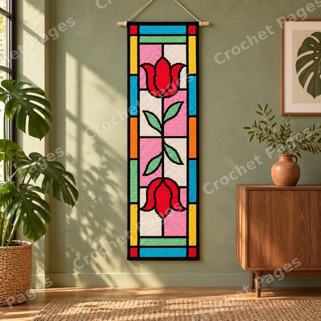 Red Tulip Stained Glass crochet wall hanging mockup, showing the full colorwork design in a cozy room.