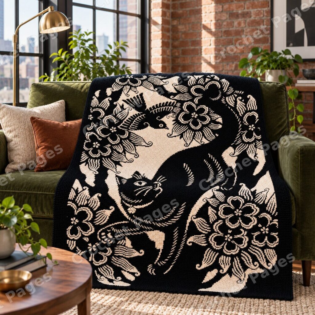Cat Bird and Blooms crochet blanket mockup, showing the full colorwork design in a cozy room.