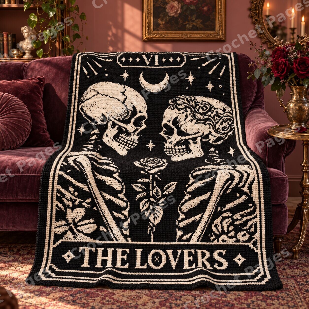 The Lovers Skeleton Tarot crochet blanket room mockup with natural light and warm furnishings.