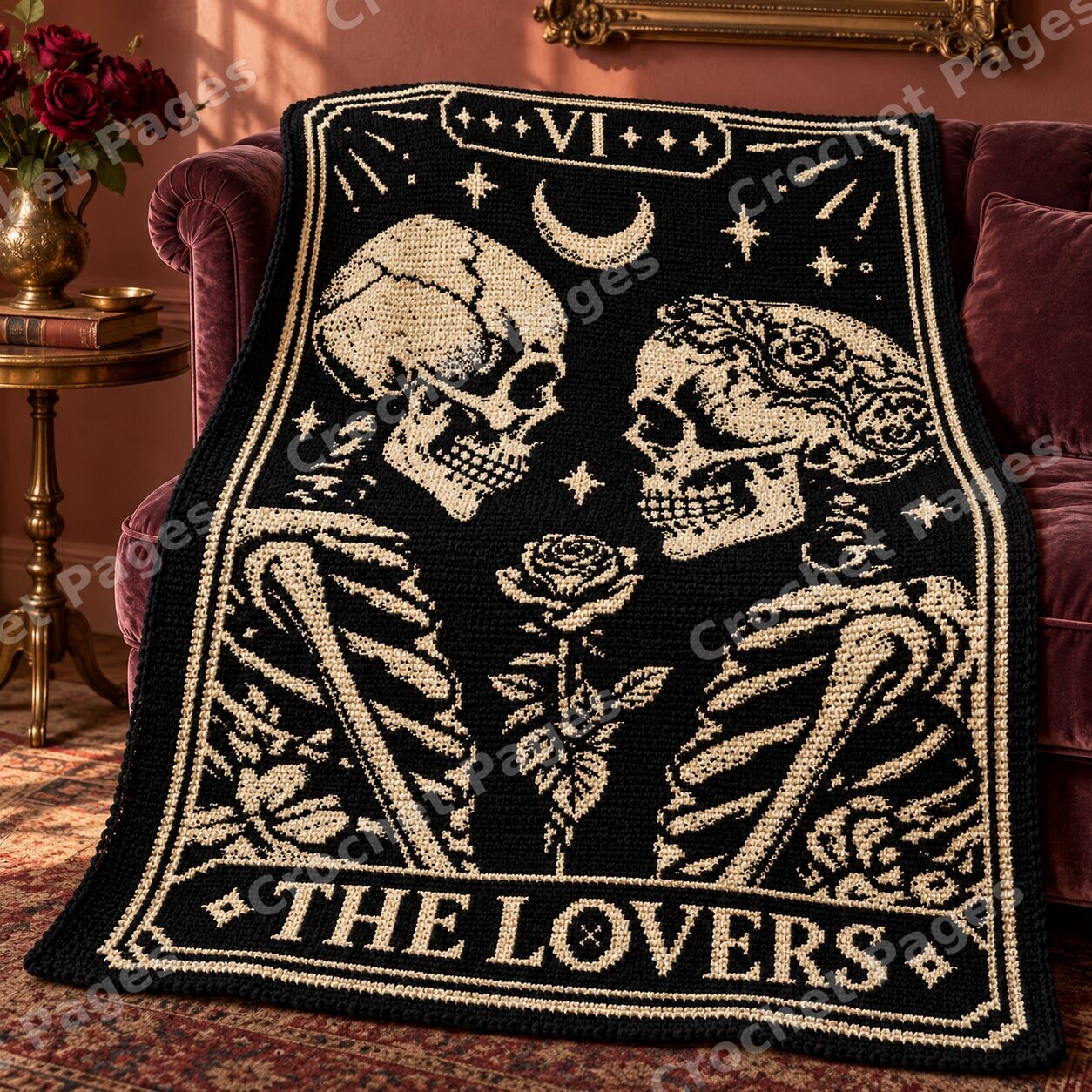 Angled detail mockup of The Lovers Skeleton Tarot, showing the recognizable motifs and crochet yarn texture.