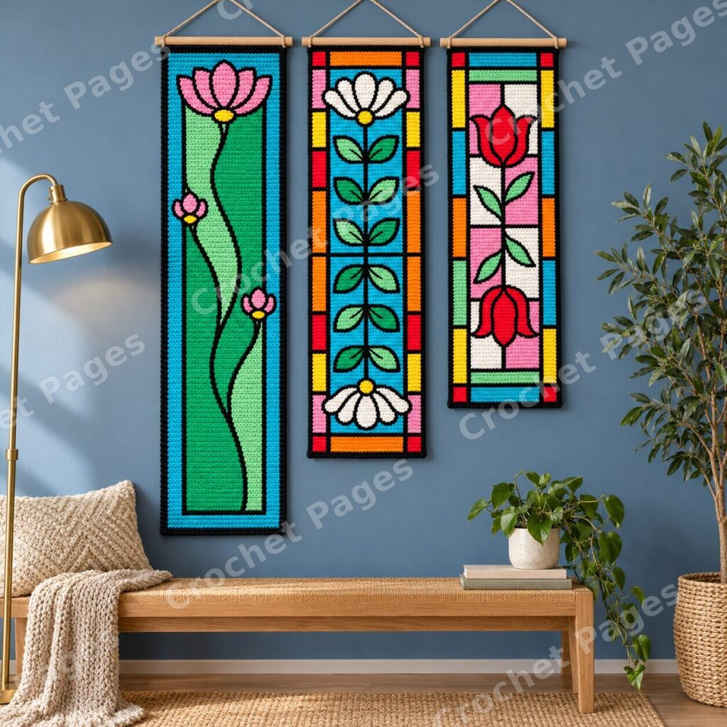 Mockup of three separate stained-glass-inspired crochet wall hangings: pink lotus, white daisies and red tulips, each on its own wooden dowel.