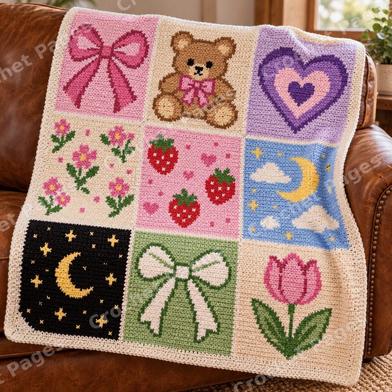 Angled detail mockup of Pastel Nine Patch, showing the recognizable motifs and crochet yarn texture.