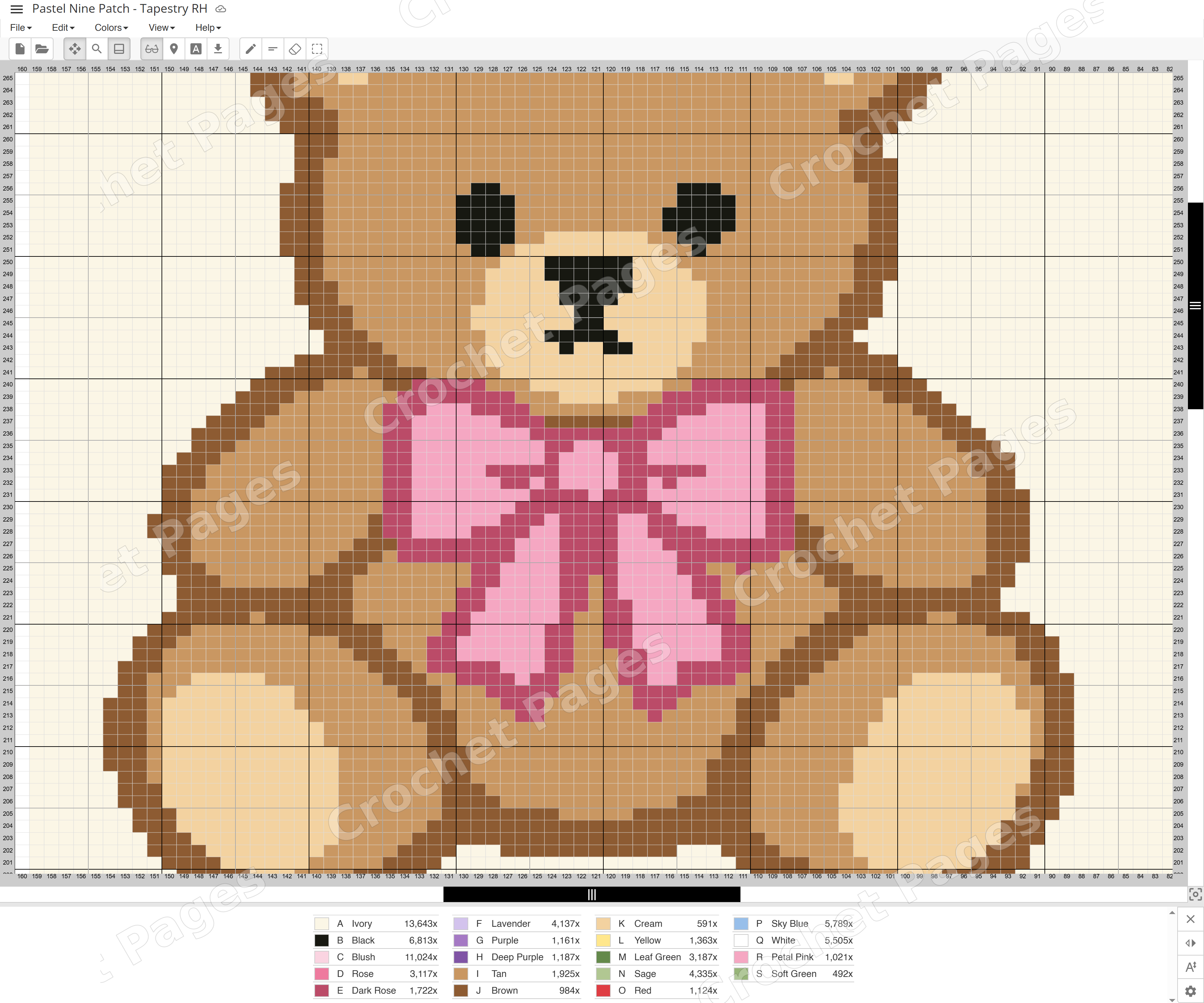 Actual Stitch Fiddle chart detail for Pastel Nine Patch, zoomed to show individual stitch squares, row and column numbers, and the color legend. Only part of the pattern is shown.